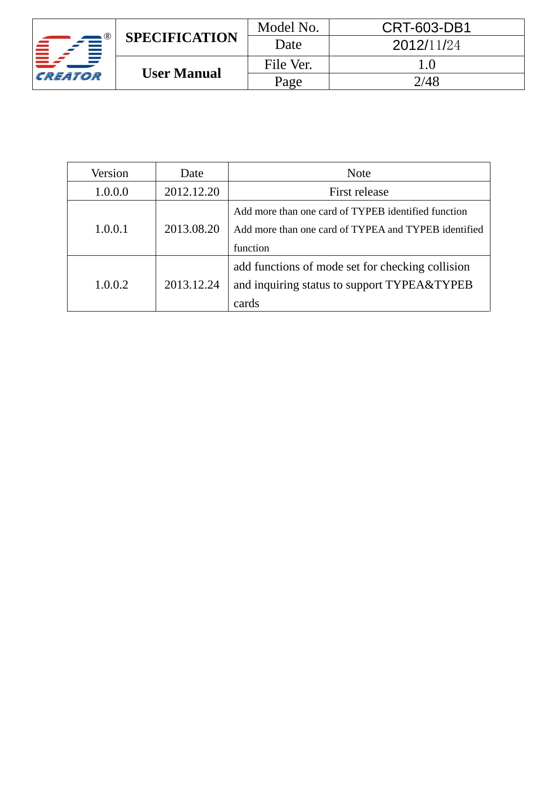  SPECIFICATION  Model No.  CRT-603-DB1 Date  2012/11/24 User Manual    File Ver.  1.0 Page   2/48        Version Date  Note 1.0.0.0 2012.12.20  First release 1.0.0.1 2013.08.20 Add more than one card of TYPEB identified function Add more than one card of TYPEA and TYPEB identified function 1.0.0.2 2013.12.24 add functions of mode set for checking collision and inquiring status to support TYPEA&amp;TYPEB cards                                       