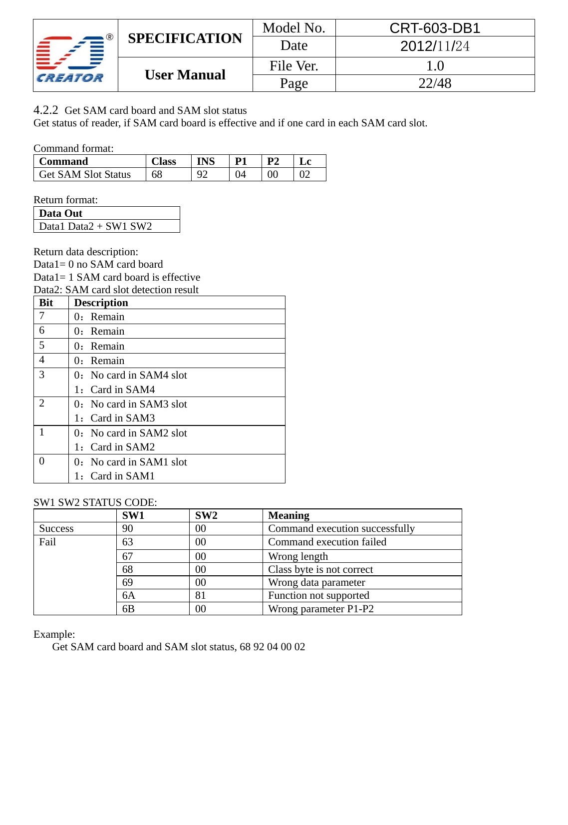  SPECIFICATION  Model No.  CRT-603-DB1 Date  2012/11/24 User Manual    File Ver.  1.0 Page   22/48   4.2.2  Get SAM card board and SAM slot status Get status of reader, if SAM card board is effective and if one card in each SAM card slot.  Command format: Command  Class INS P1 P2 Lc Get SAM Slot Status  68  92  04  00  02  Return format: Data Out   Data1 Data2 + SW1 SW2    Return data description: Data1= 0 no SAM card board Data1= 1 SAM card board is effective Data2: SAM card slot detection result Bit Description  7  0：Remain  6  0：Remain 5  0：Remain 4  0：Remain 3  0：No card in SAM4 slot   1：Card in SAM4 2  0：No card in SAM3 slot   1：Card in SAM3 1  0：No card in SAM2 slot   1：Card in SAM2 0  0：No card in SAM1 slot   1：Card in SAM1  SW1 SW2 STATUS CODE:  SW1 SW2 MeaningSuccess 90  00  Command execution successfully Fail  63  00  Command execution failed 67 00 Wrong length 68  00  Class byte is not correct 69  00  Wrong data parameter 6A 81  Function not supported 6B 00 Wrong parameter P1-P2  Example:  Get SAM card board and SAM slot status, 68 92 04 00 02           