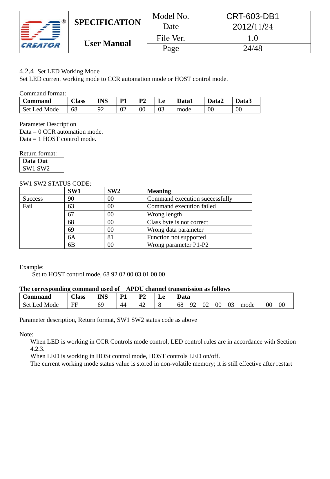  SPECIFICATION  Model No.  CRT-603-DB1 Date  2012/11/24 User Manual    File Ver.  1.0 Page   24/48    4.2.4  Set LED Working Mode Set LED current working mode to CCR automation mode or HOST control mode.  Command format: Command  Class INS P1 P2 Le Data1  Data2 Data3 Set Led Mode 68  92  02 00 03 mode  00  00  Parameter Description Data = 0 CCR automation mode. Data = 1 HOST control mode.  Return format: Data Out   SW1 SW2    SW1 SW2 STATUS CODE:  SW1 SW2 MeaningSuccess 90  00  Command execution successfully Fail  63  00  Command execution failed 67 00 Wrong length 68  00  Class byte is not correct 69  00  Wrong data parameter 6A 81  Function not supported 6B 00  Wrong parameter P1-P2   Example:  Set to HOST control mode, 68 92 02 00 03 01 00 00  The corresponding command used of    APDU channel transmission as follows Command  Class INS P1 P2 Le Data Set Led Mode  FF  69  44  42  8  68 92 02 00 03 mode  00 00  Parameter description, Return format, SW1 SW2 status code as above    Note: When LED is working in CCR Controls mode control, LED control rules are in accordance with Section 4.2.3. When LED is working in HOSt control mode, HOST controls LED on/off. The current working mode status value is stored in non-volatile memory; it is still effective after restart