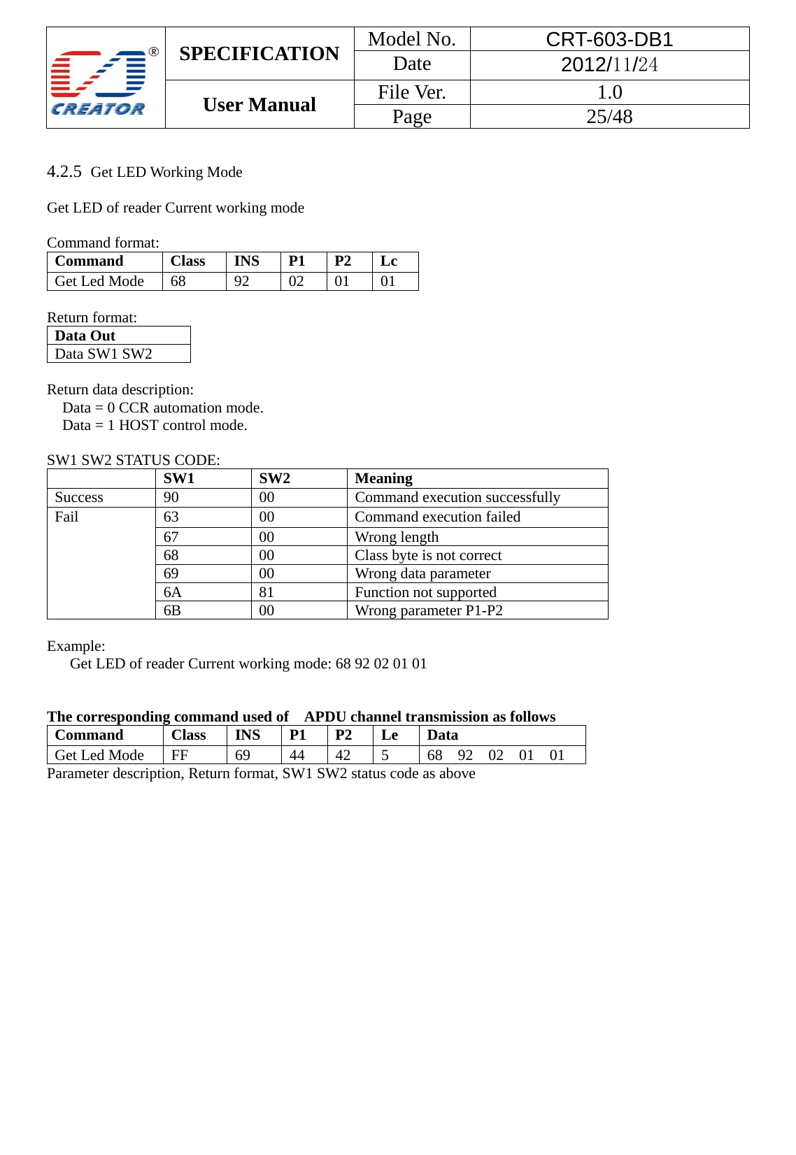  SPECIFICATION  Model No.  CRT-603-DB1 Date  2012/11/24 User Manual    File Ver.  1.0 Page   25/48    4.2.5  Get LED Working Mode  Get LED of reader Current working mode  Command format: Command  Class INS P1 P2 Lc Get Led Mode  68  92  02  01  01   Return format: Data Out   Data SW1 SW2    Return data description:     Data = 0 CCR automation mode.     Data = 1 HOST control mode.  SW1 SW2 STATUS CODE:  SW1 SW2 Meaning Success 90  00  Command execution successfully Fail  63  00  Command execution failed 67 00 Wrong length 68  00  Class byte is not correct 69  00  Wrong data parameter 6A 81  Function not supported 6B 00  Wrong parameter P1-P2  Example:  Get LED of reader Current working mode: 68 92 02 01 01   The corresponding command used of    APDU channel transmission as follows Command  Class INS P1 P2 Le Data Get Led Mode  FF  69  44  42  5  68 92 02 01 01 Parameter description, Return format, SW1 SW2 status code as above 