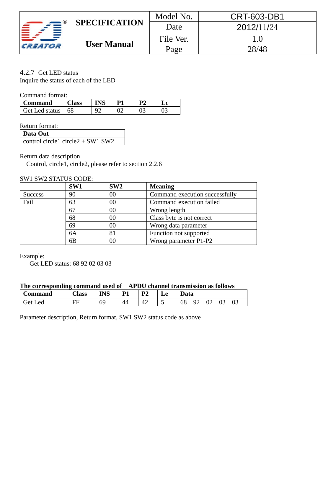  SPECIFICATION  Model No.  CRT-603-DB1 Date  2012/11/24 User Manual    File Ver.  1.0 Page   28/48    4.2.7  Get LED status Inquire the status of each of the LED  Command format: Command Class INS P1 P2 Lc Get Led status 68  92 02 03 03  Return format: Data Out   control circle1 circle2 + SW1 SW2    Return data description Control, circle1, circle2, please refer to section 2.2.6  SW1 SW2 STATUS CODE:  SW1 SW2 Meaning Success 90  00  Command execution successfully Fail  63  00  Command execution failed 67 00 Wrong length 68  00  Class byte is not correct 69  00  Wrong data parameter 6A 81  Function not supported 6B 00  Wrong parameter P1-P2  Example:    Get LED status: 68 92 02 03 03   The corresponding command used of    APDU channel transmission as follows Command  Class INS P1 P2 Le Data Get Led  FF  69  44  42  5  68 92 02 03 03  Parameter description, Return format, SW1 SW2 status code as above 