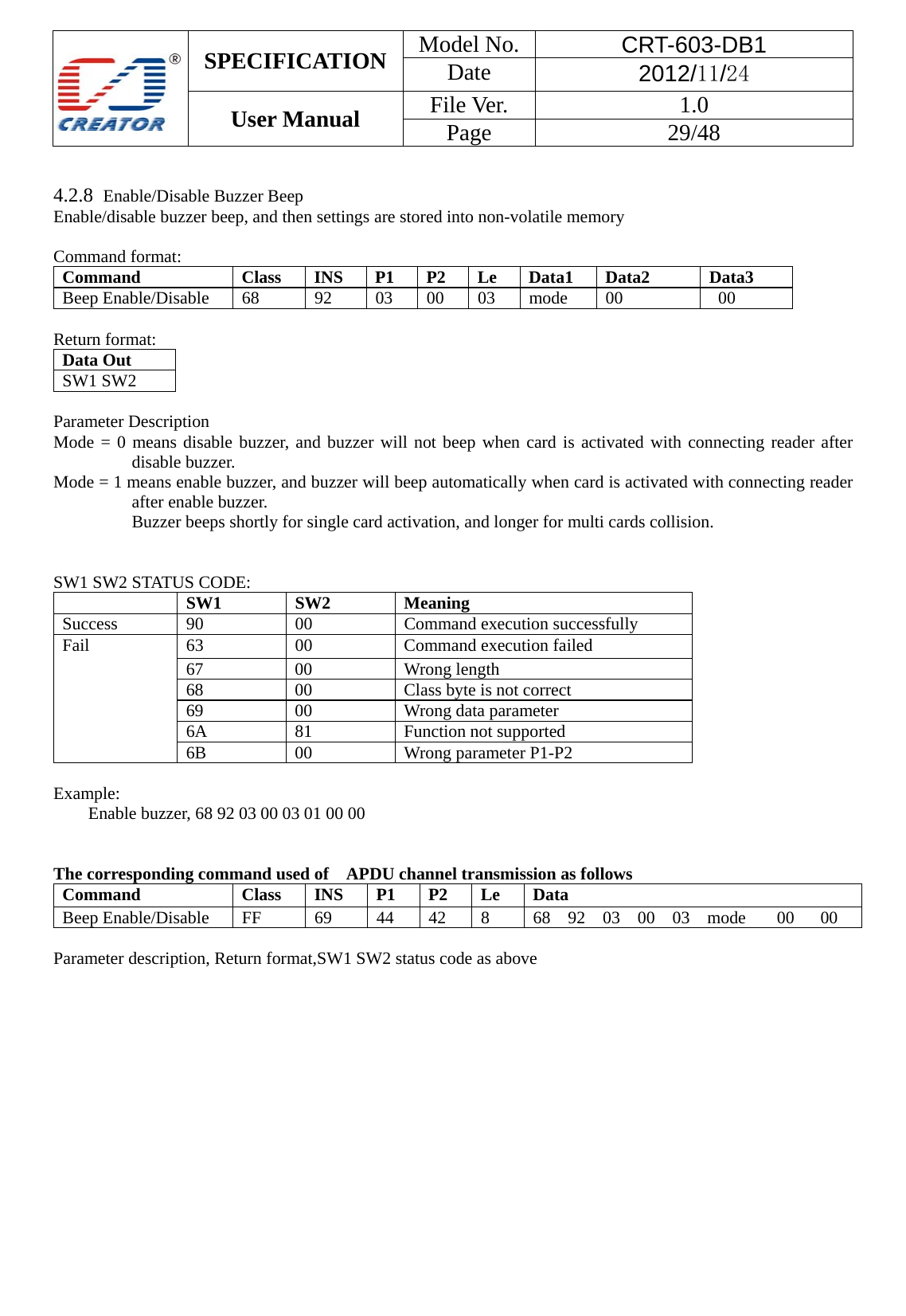  SPECIFICATION  Model No.  CRT-603-DB1 Date  2012/11/24 User Manual    File Ver.  1.0 Page   29/48    4.2.8  Enable/Disable Buzzer Beep Enable/disable buzzer beep, and then settings are stored into non-volatile memory  Command format: Command  Class INS P1 P2 Le Data1 Data2  Data3 Beep Enable/Disable 68  92  03 00 03 mode  00   00  Return format: Data Out   SW1 SW2    Parameter Description Mode = 0 means disable buzzer, and buzzer will not beep when card is activated with connecting reader after disable buzzer. Mode = 1 means enable buzzer, and buzzer will beep automatically when card is activated with connecting reader after enable buzzer.          Buzzer beeps shortly for single card activation, and longer for multi cards collision.   SW1 SW2 STATUS CODE:  SW1 SW2 Meaning Success 90  00  Command execution successfully Fail  63  00  Command execution failed 67 00 Wrong length 68  00  Class byte is not correct 69  00  Wrong data parameter 6A 81  Function not supported 6B 00  Wrong parameter P1-P2  Example:  Enable buzzer, 68 92 03 00 03 01 00 00   The corresponding command used of    APDU channel transmission as follows Command  Class INS P1 P2 Le Data Beep Enable/Disable  FF  69  44  42  8  68 92 03 00 03 mode  00  00  Parameter description, Return format,SW1 SW2 status code as above 
