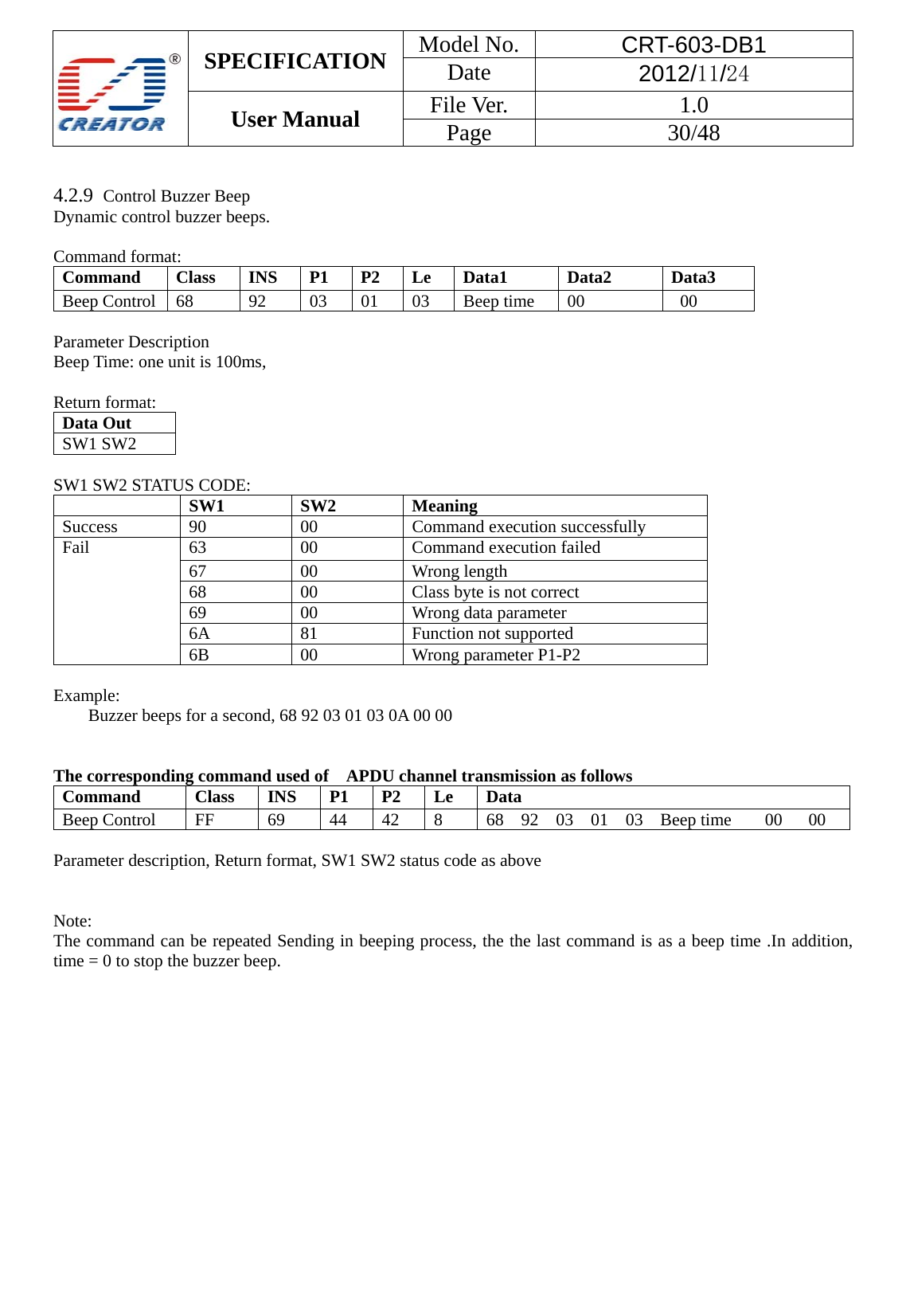  SPECIFICATION  Model No.  CRT-603-DB1 Date  2012/11/24 User Manual    File Ver.  1.0 Page   30/48    4.2.9  Control Buzzer Beep Dynamic control buzzer beeps.  Command format: Command  Class INS P1 P2 Le Data1  Data2  Data3 Beep Control 68  92  03 01 03 Beep time 00   00  Parameter Description Beep Time: one unit is 100ms,  Return format: Data Out   SW1 SW2    SW1 SW2 STATUS CODE:  SW1 SW2 Meaning Success 90 00 Command execution successfully Fail  63 00 Command execution failed 67 00 Wrong length 68  00  Class byte is not correct 69 00 Wrong data parameter 6A 81  Function not supported 6B 00  Wrong parameter P1-P2  Example:  Buzzer beeps for a second, 68 92 03 01 03 0A 00 00   The corresponding command used of    APDU channel transmission as follows Command  Class INS P1 P2 Le Data Beep Control  FF  69  44  42  8  68 92 03 01 03 Beep time  00  00  Parameter description, Return format, SW1 SW2 status code as above     Note: The command can be repeated Sending in beeping process, the the last command is as a beep time .In addition, time = 0 to stop the buzzer beep.