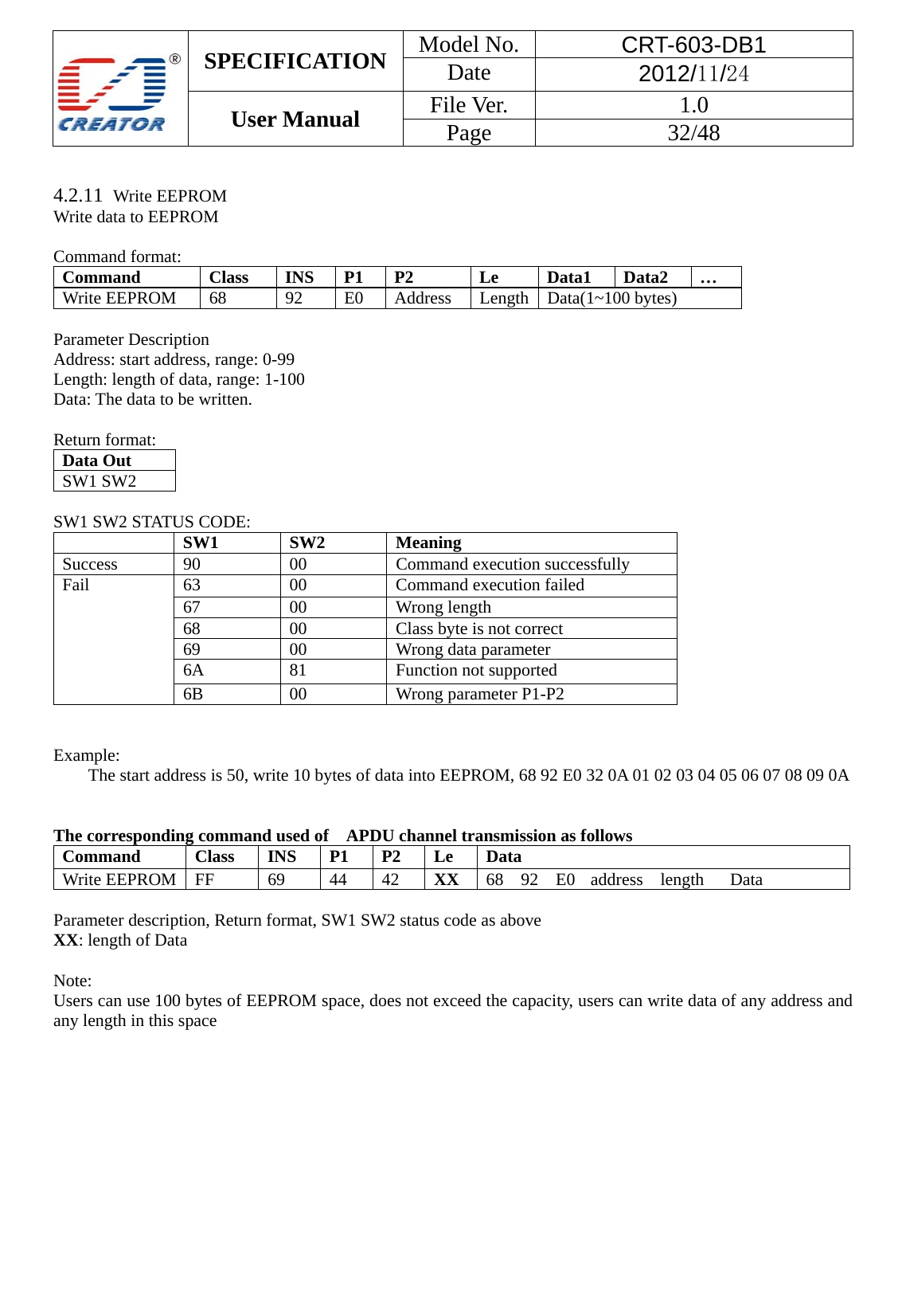  SPECIFICATION  Model No.  CRT-603-DB1 Date  2012/11/24 User Manual    File Ver.  1.0 Page   32/48    4.2.11  Write EEPROM Write data to EEPROM  Command format: Command Class INS P1 P2 Le Data1 Data2 &hellip; Write EEPROM  68  92  E0  Address  Length Data(1~100 bytes)  Parameter Description Address: start address, range: 0-99 Length: length of data, range: 1-100 Data: The data to be written.    Return format: Data Out   SW1 SW2    SW1 SW2 STATUS CODE:  SW1 SW2 Meaning Success 90  00  Command execution successfully Fail  63  00  Command execution failed 67 00 Wrong length 68  00  Class byte is not correct 69  00  Wrong data parameter 6A 81  Function not supported 6B 00 Wrong parameter P1-P2   Example:  The start address is 50, write 10 bytes of data into EEPROM, 68 92 E0 32 0A 01 02 03 04 05 06 07 08 09 0A   The corresponding command used of    APDU channel transmission as follows Command  Class INS P1 P2 Le Data Write EEPROM  FF  69  44  42  XX  68 92 E0 address length  Data  Parameter description, Return format, SW1 SW2 status code as above   XX: length of Data  Note: Users can use 100 bytes of EEPROM space, does not exceed the capacity, users can write data of any address and any length in this space