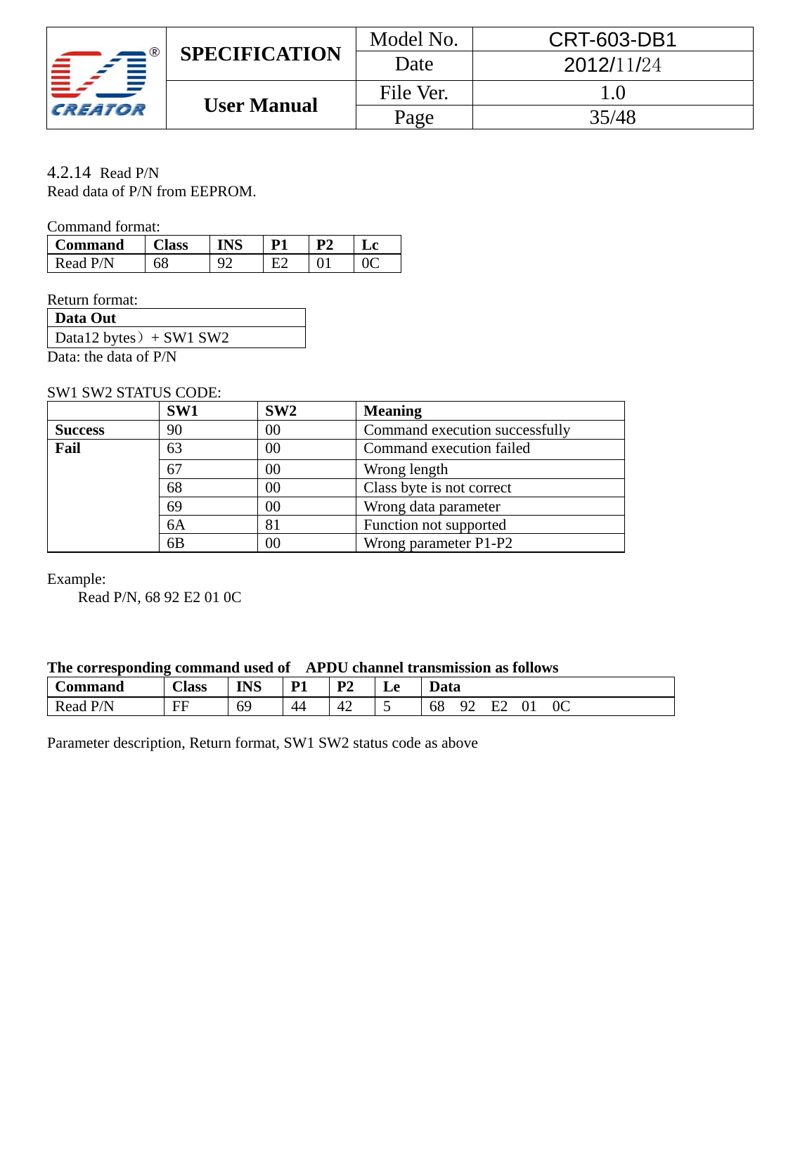  SPECIFICATION  Model No.  CRT-603-DB1 Date  2012/11/24 User Manual    File Ver.  1.0 Page   35/48    4.2.14  Read P/N Read data of P/N from EEPROM.    Command format: Command Class INS P1 P2 Lc Read P/N  68  92  E2  01  0C  Return format: Data Out   Data12 bytes）+ SW1 SW2   Data: the data of P/N  SW1 SW2 STATUS CODE:  SW1 SW2 Meaning Success  90 00 Command execution successfully Fail 63 00 Command execution failed 67 00 Wrong length 68  00  Class byte is not correct 69 00 Wrong data parameter 6A 81  Function not supported 6B 00  Wrong parameter P1-P2  Example:  Read P/N, 68 92 E2 01 0C    The corresponding command used of    APDU channel transmission as follows Command  Class INS P1 P2 Le Data Read P/N  FF  69  44  42  5  68 92 E2 01 0C  Parameter description, Return format, SW1 SW2 status code as above 