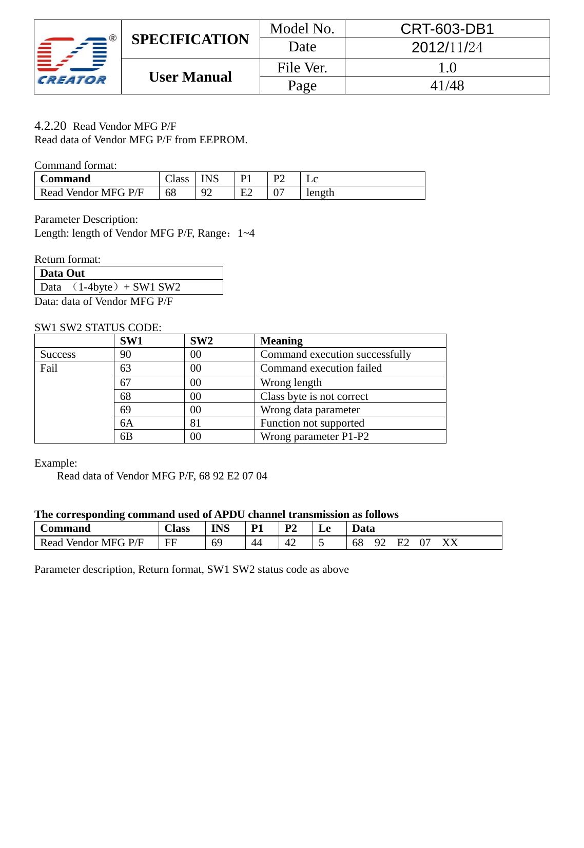  SPECIFICATION  Model No.  CRT-603-DB1 Date  2012/11/24 User Manual    File Ver.  1.0 Page   41/48    4.2.20  Read Vendor MFG P/F Read data of Vendor MFG P/F from EEPROM.  Command format: Command  Class INS P1 P2 Lc Read Vendor MFG P/F  68  92  E2  07  length  Parameter Description: Length: length of Vendor MFG P/F, Range：1~4  Return format: Data Out   Data  （1-4byte）+ SW1 SW2   Data: data of Vendor MFG P/F  SW1 SW2 STATUS CODE:  SW1 SW2 Meaning Success 90  00  Command execution successfully Fail  63  00  Command execution failed 67 00 Wrong length 68  00  Class byte is not correct 69  00  Wrong data parameter 6A 81  Function not supported 6B 00  Wrong parameter P1-P2  Example:  Read data of Vendor MFG P/F, 68 92 E2 07 04   The corresponding command used of APDU channel transmission as follows Command  Class INS P1 P2 Le Data Read Vendor MFG P/F  FF  69  44  42  5  68 92 E2 07 XX  Parameter description, Return format, SW1 SW2 status code as above 