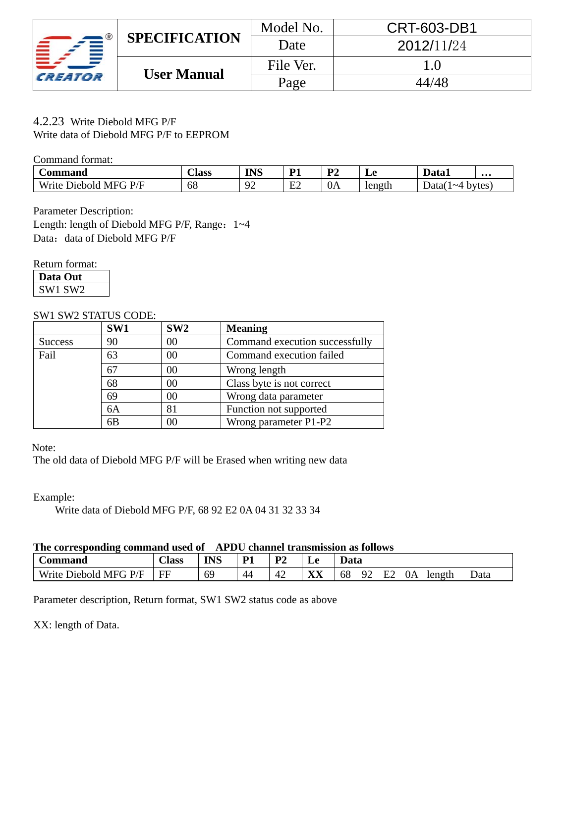  SPECIFICATION  Model No.  CRT-603-DB1 Date  2012/11/24 User Manual    File Ver.  1.0 Page   44/48    4.2.23  Write Diebold MFG P/F Write data of Diebold MFG P/F to EEPROM  Command format: Command Class INS P1 P2 Le Data1 &hellip; Write Diebold MFG P/F 68 92 E2 0A length Data(1~4 bytes)  Parameter Description: Length: length of Diebold MFG P/F, Range：1~4 Data：data of Diebold MFG P/F  Return format: Data Out   SW1 SW2    SW1 SW2 STATUS CODE:  SW1 SW2 Meaning Success 90  00  Command execution successfully Fail  63  00  Command execution failed 67 00 Wrong length 68  00  Class byte is not correct 69  00  Wrong data parameter 6A 81  Function not supported 6B 00  Wrong parameter P1-P2  Note: The old data of Diebold MFG P/F will be Erased when writing new data   Example:  Write data of Diebold MFG P/F, 68 92 E2 0A 04 31 32 33 34   The corresponding command used of    APDU channel transmission as follows Command  Class INS P1 P2 Le Data Write Diebold MFG P/F  FF  69  44  42  XX  68 92 E2 0A length  Data  Parameter description, Return format, SW1 SW2 status code as above    XX: length of Data.