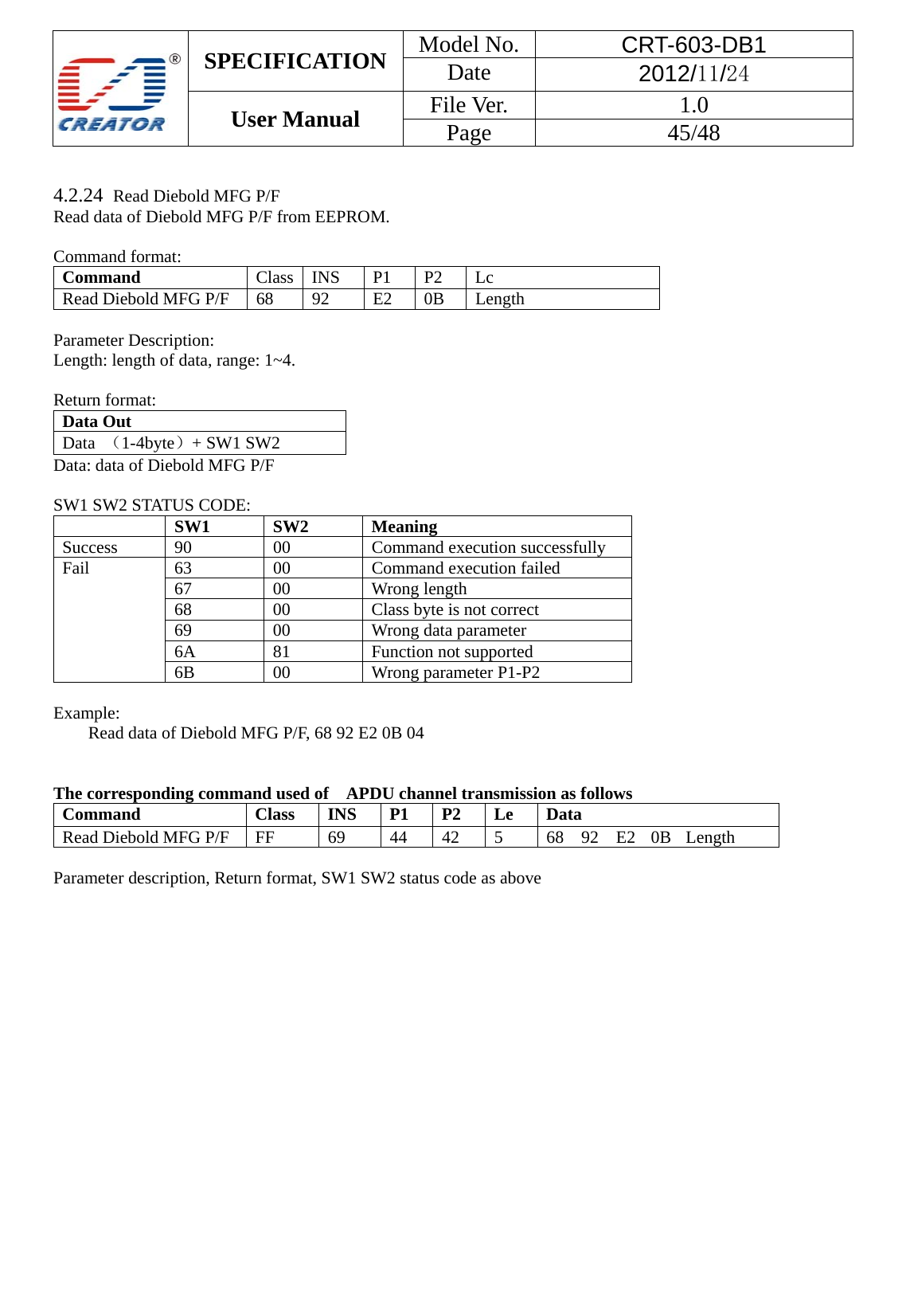  SPECIFICATION  Model No.  CRT-603-DB1 Date  2012/11/24 User Manual    File Ver.  1.0 Page   45/48    4.2.24  Read Diebold MFG P/F Read data of Diebold MFG P/F from EEPROM.  Command format: Command  Class INS P1 P2 Lc Read Diebold MFG P/F  68  92  E2  0B  Length  Parameter Description: Length: length of data, range: 1~4.  Return format: Data Out   Data  （1-4byte）+ SW1 SW2   Data: data of Diebold MFG P/F  SW1 SW2 STATUS CODE:  SW1 SW2 MeaningSuccess 90  00  Command execution successfully Fail  63  00  Command execution failed 67 00 Wrong length 68  00  Class byte is not correct 69  00  Wrong data parameter 6A 81  Function not supported 6B 00 Wrong parameter P1-P2  Example:  Read data of Diebold MFG P/F, 68 92 E2 0B 04   The corresponding command used of    APDU channel transmission as follows Command  Class INS P1 P2 Le Data Read Diebold MFG P/F  FF  69  44  42  5  68  92  E2  0B  Length  Parameter description, Return format, SW1 SW2 status code as above 