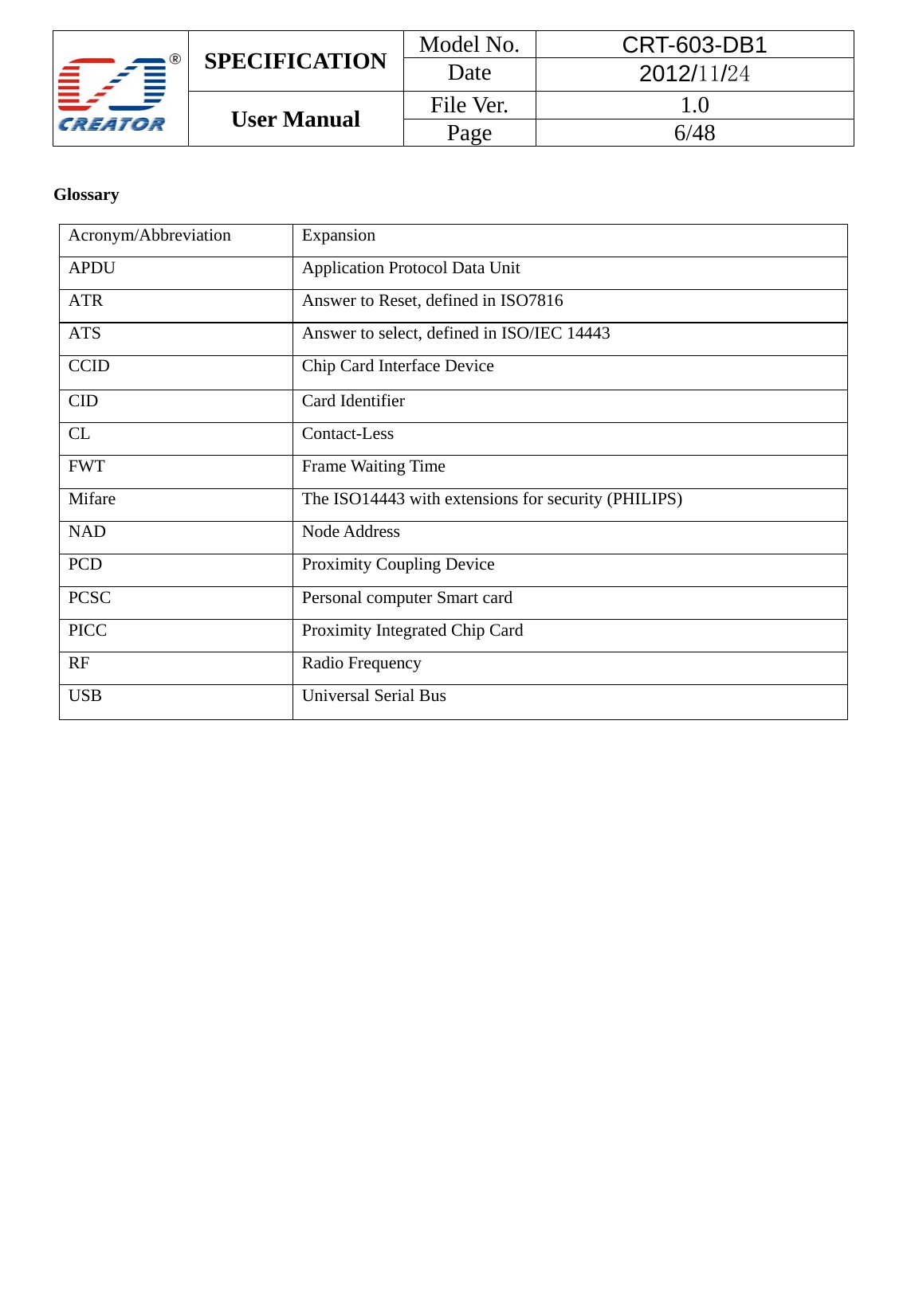  SPECIFICATION  Model No.  CRT-603-DB1 Date  2012/11/24 User Manual    File Ver.  1.0 Page   6/48    Glossary   Acronym/Abbreviation   Expansion  APDU  Application Protocol Data Unit   ATR    Answer to Reset, defined in ISO7816 ATS    Answer to select, defined in ISO/IEC 14443 CCID  Chip Card Interface Device   CID Card Identifier  CL Contact-Less  FWT  Frame Waiting Time   Mifare   The ISO14443 with extensions for security (PHILIPS)   NAD Node Address  PCD  Proximity Coupling Device   PCSC  Personal computer Smart card   PICC  Proximity Integrated Chip Card   RF Radio Frequency  USB  Universal Serial Bus    