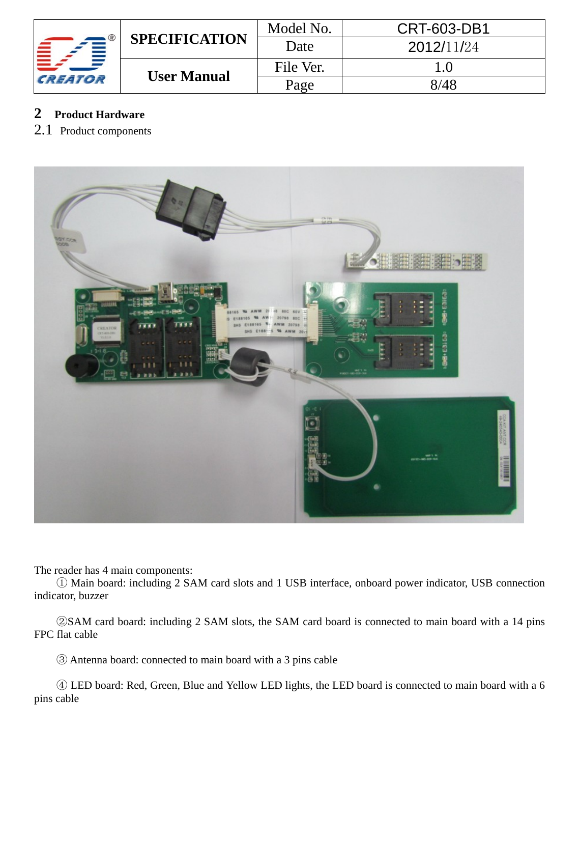  SPECIFICATION  Model No.  CRT-603-DB1 Date  2012/11/24 User Manual    File Ver.  1.0 Page   8/48   2   Product Hardware  2.1  Product components              The reader has 4 main components:     ① Main board: including 2 SAM card slots and 1 USB interface, onboard power indicator, USB connection indicator, buzzer      ②SAM card board: including 2 SAM slots, the SAM card board is connected to main board with a 14 pins FPC flat cable        ③ Antenna board: connected to main board with a 3 pins cable      ④ LED board: Red, Green, Blue and Yellow LED lights, the LED board is connected to main board with a 6 pins cable    