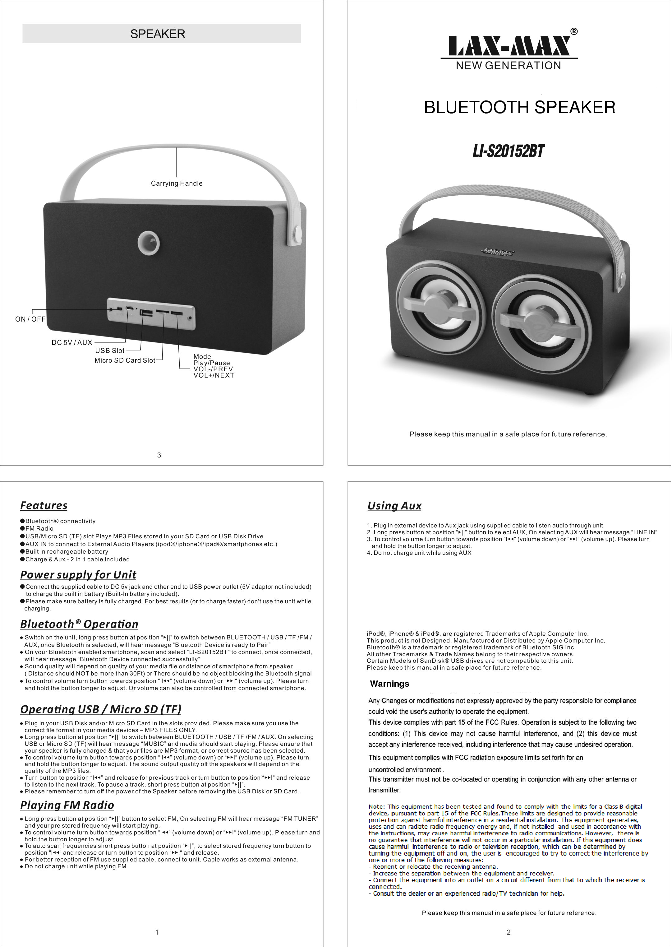 BLUETOOTH SPEAKERWarnings
