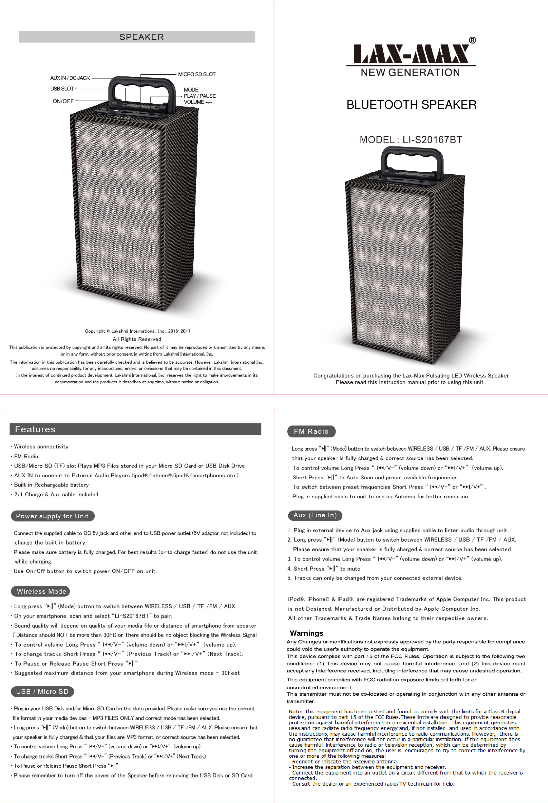 BLUETOOTH SPEAKERWarnings