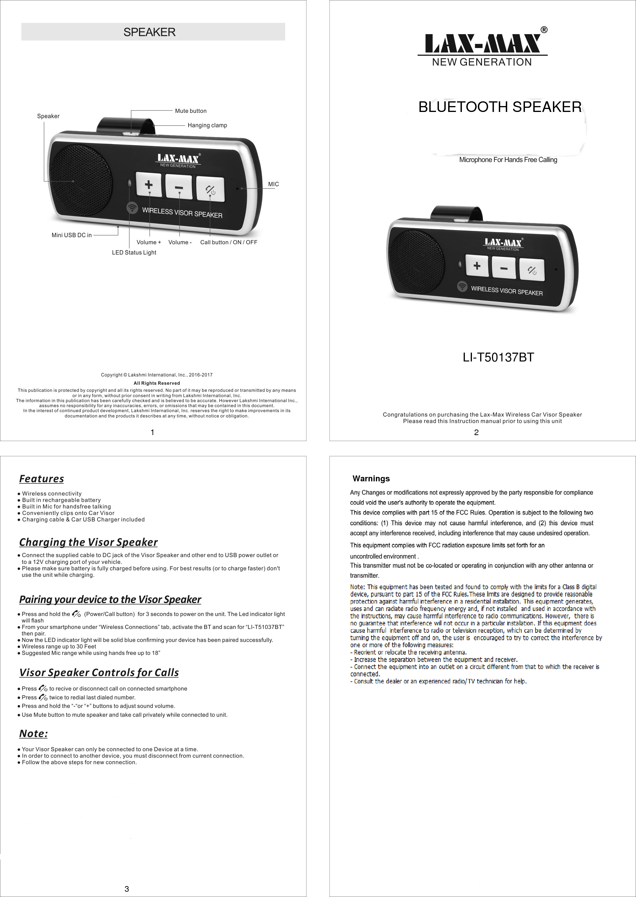 BLUETOOTH SPEAKER1 23LI-T50137BTWarnings