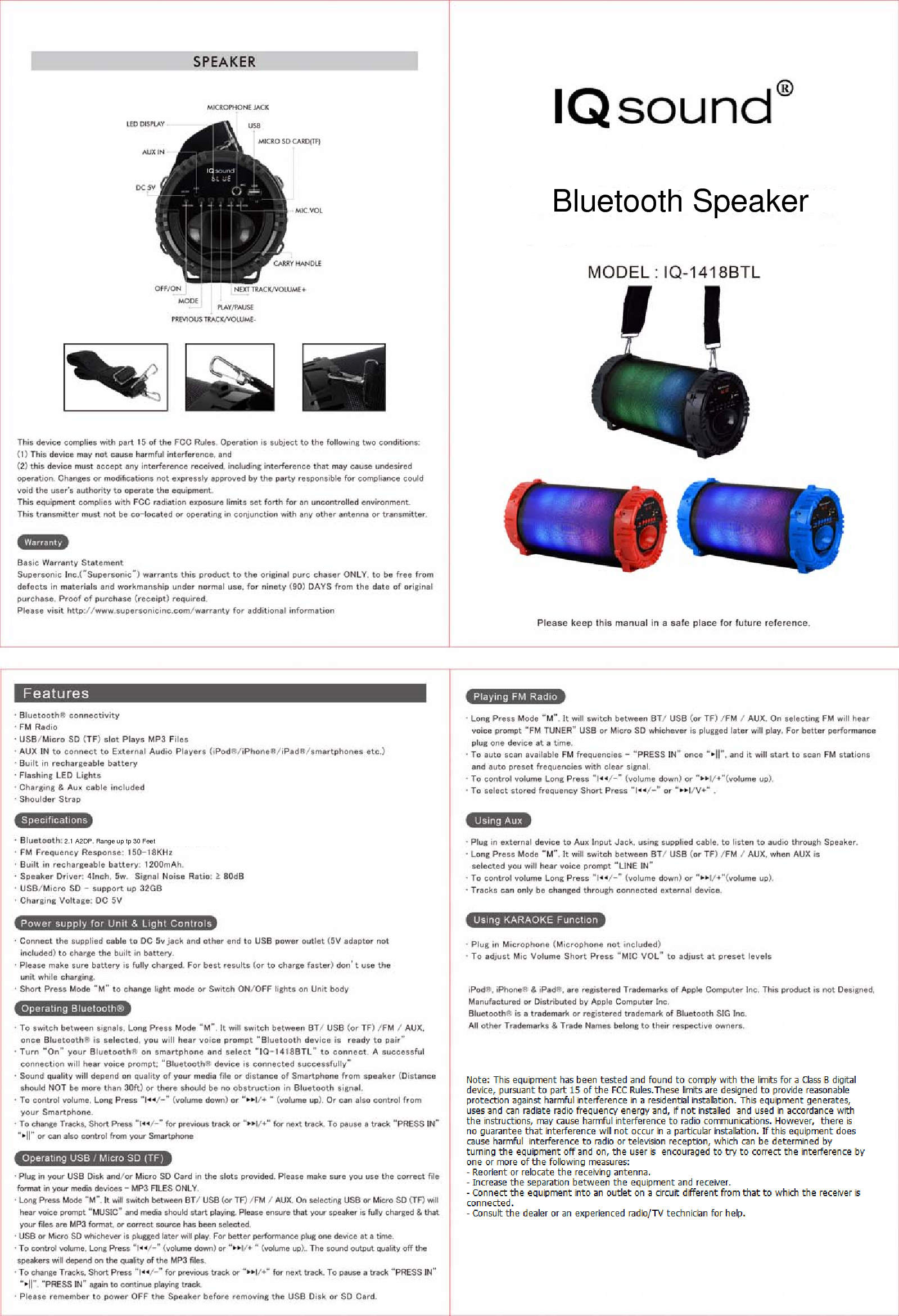 Bluetooth Speaker2.1 A2DP. Range up tp 30 Feet