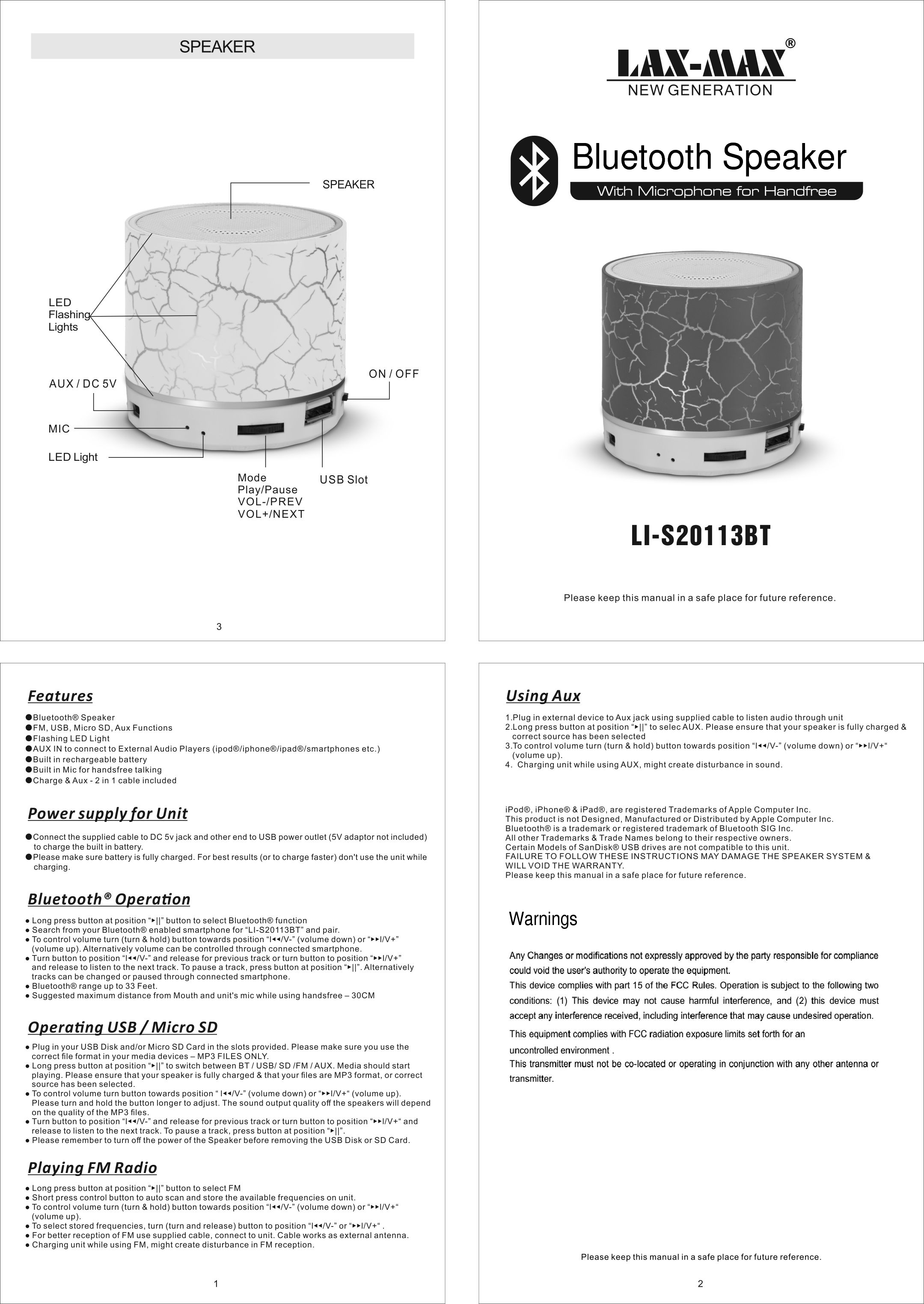 Bluetooth SpeakerWarnings