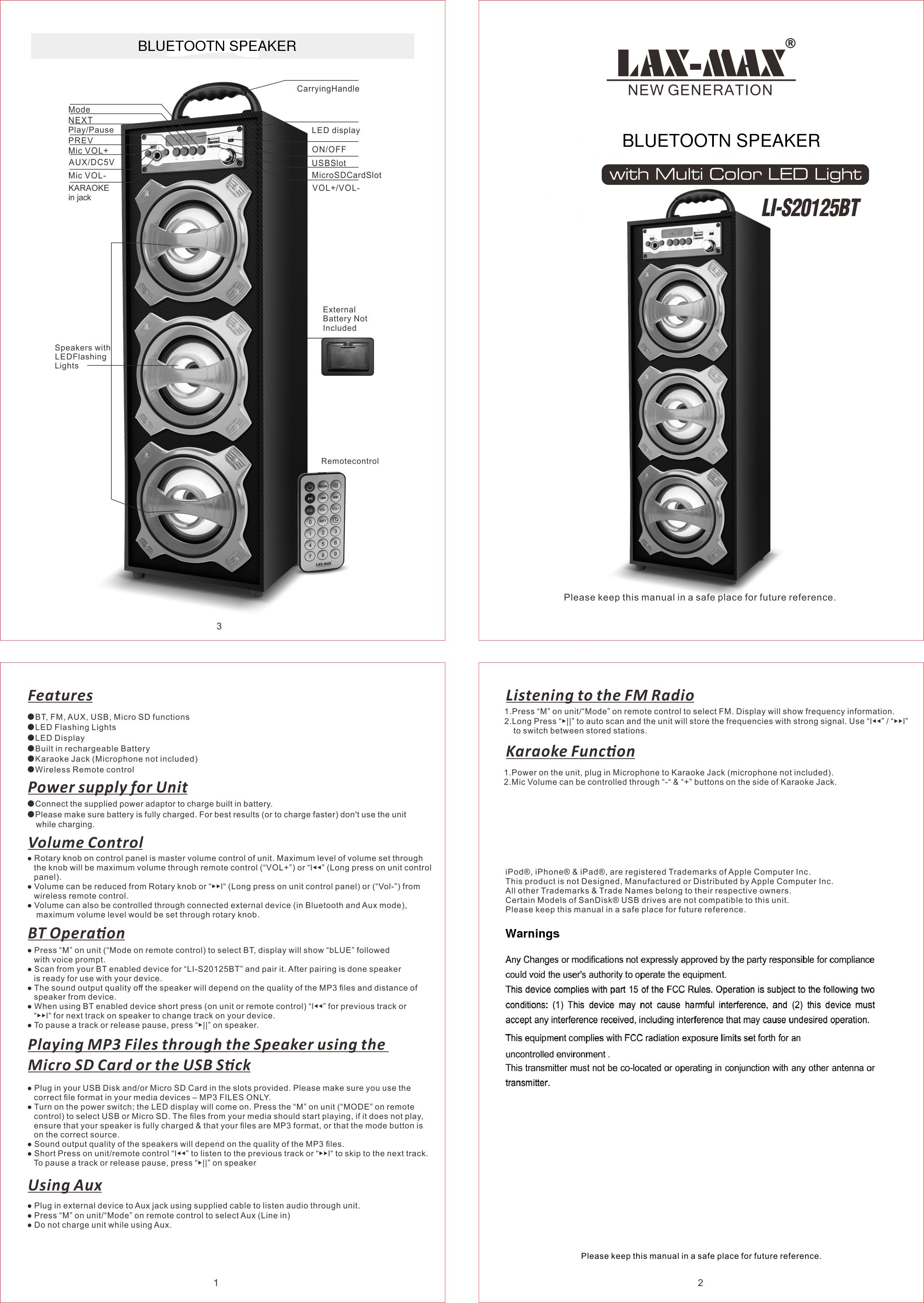 WarningsBLUETOOTN SPEAKERBLUETOOTN SPEAKER