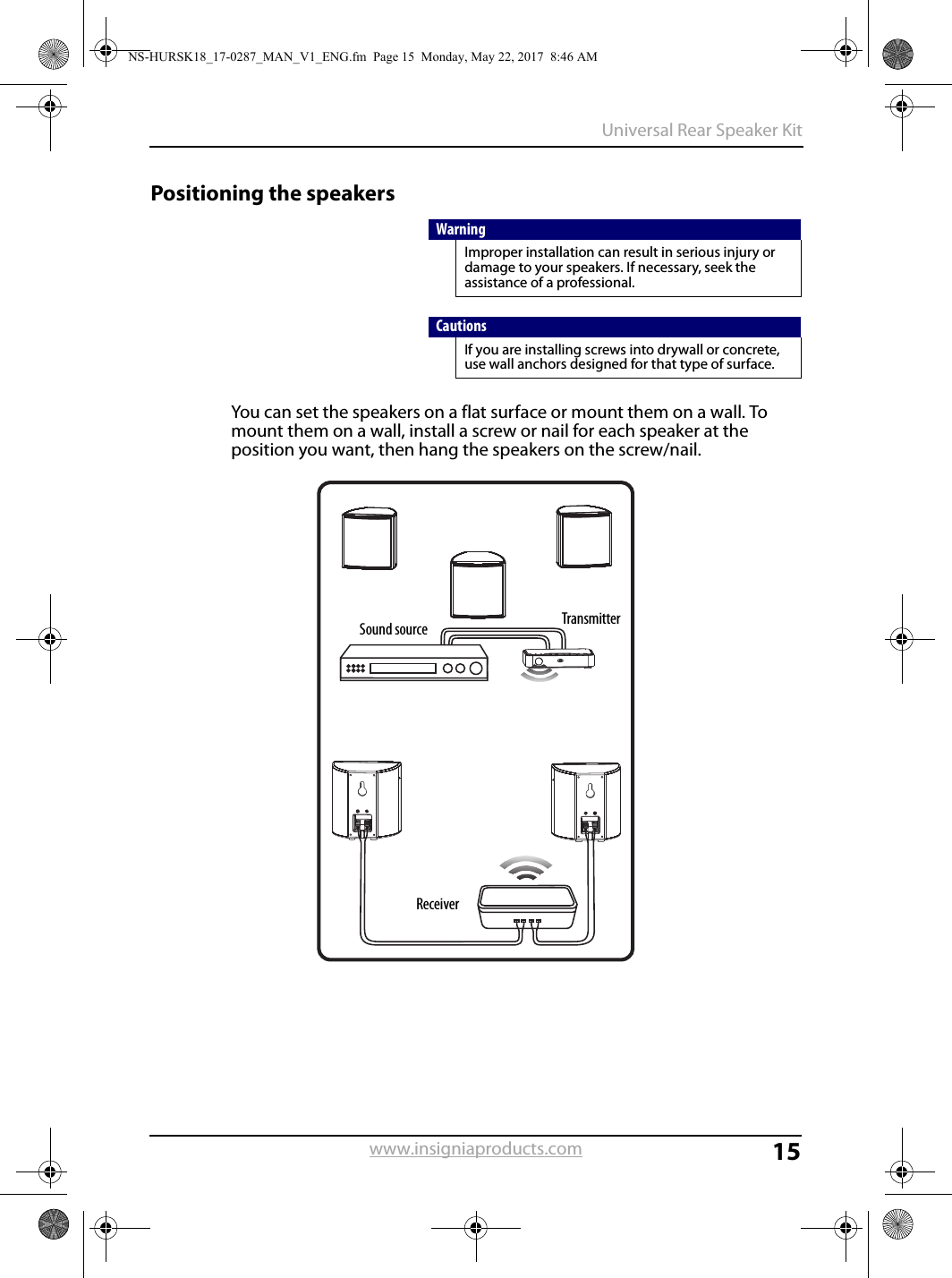 15Universal Rear Speaker Kitwww.insigniaproducts.comPositioning the speakersYou can set the speakers on a flat surface or mount them on a wall. To mount them on a wall, install a screw or nail for each speaker at the position you want, then hang the speakers on the screw/nail.WarningImproper installation can result in serious injury or damage to your speakers. If necessary, seek the assistance of a professional.CautionsIf you are installing screws into drywall or concrete, use wall anchors designed for that type of surface.ReceiverTransmitterSound sourceNS-HURSK18_17-0287_MAN_V1_ENG.fm  Page 15  Monday, May 22, 2017  8:46 AM