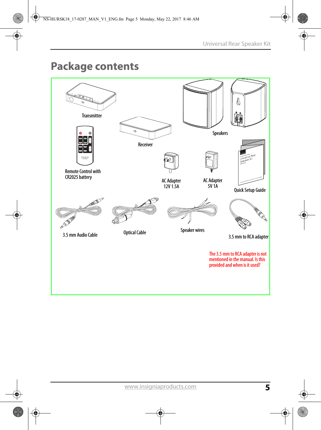 5Universal Rear Speaker Kitwww.insigniaproducts.comPackage contentsSpeakersRemote Control with CR2025 battery3.5 mm Audio CableQuick Setup GuideTransmitterReceiverOptical CableAC Adapter5V 1AAC Adapter12V 1.5ASpeaker wires3.5 mm to RCA adapterThe 3.5 mm to RCA adapter is not mentioned in the manual. Is this provided and when is it used?NS-HURSK18_17-0287_MAN_V1_ENG.fm  Page 5  Monday, May 22, 2017  8:46 AM