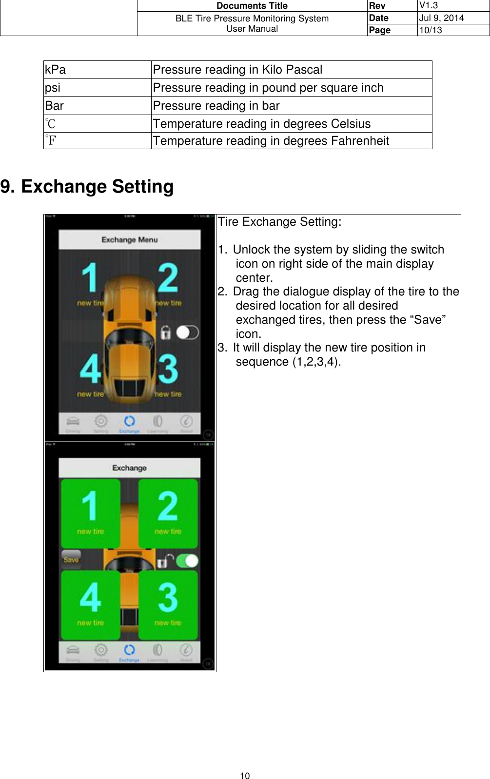  Documents Title Rev V1.3 BLE Tire Pressure Monitoring System User Manual Date Jul 9, 2014 Page 10/13  10  kPa Pressure reading in Kilo Pascal psi Pressure reading in pound per square inch Bar Pressure reading in bar ℃ Temperature reading in degrees Celsius ℉ Temperature reading in degrees Fahrenheit  9. Exchange Setting    Tire Exchange Setting:  1. Unlock the system by sliding the switch icon on right side of the main display center. 2. Drag the dialogue display of the tire to the desired location for all desired exchanged tires, then press the “Save” icon. 3. It will display the new tire position in sequence (1,2,3,4).      