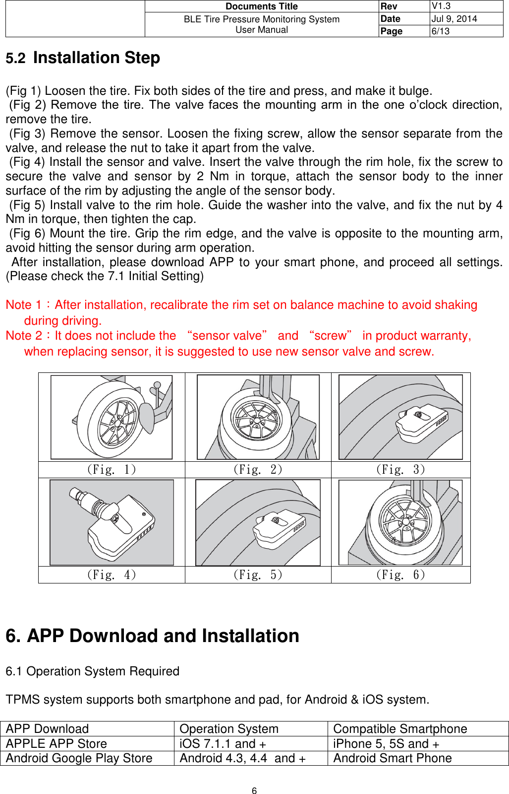  Documents Title Rev V1.3 BLE Tire Pressure Monitoring System User Manual Date Jul 9, 2014 Page 6/13  6 5.2 Installation Step  (Fig 1) Loosen the tire. Fix both sides of the tire and press, and make it bulge.  (Fig 2) Remove the tire.  The valve faces  the mounting arm  in the one  o’clock  direction, remove the tire.  (Fig 3) Remove the sensor. Loosen the fixing screw, allow the sensor separate from the valve, and release the nut to take it apart from the valve.  (Fig 4) Install the sensor and valve. Insert the valve through the rim hole, fix the screw to secure  the  valve  and  sensor  by  2  Nm  in  torque,  attach  the  sensor  body  to  the  inner surface of the rim by adjusting the angle of the sensor body.  (Fig 5) Install valve to the rim hole. Guide the washer into the valve, and fix the nut by 4 Nm in torque, then tighten the cap.  (Fig 6) Mount the tire. Grip the rim edge, and the valve is opposite to the mounting arm, avoid hitting the sensor during arm operation.   After installation, please download APP to your smart phone, and proceed all settings. (Please check the 7.1 Initial Setting)  Note 1：After installation, recalibrate the rim set on balance machine to avoid shaking during driving.  Note 2：It does not include the “sensor valve” and “screw” in product warranty, when replacing sensor, it is suggested to use new sensor valve and screw.     (Fig. 1) (Fig. 2) (Fig. 3)    (Fig. 4) (Fig. 5) (Fig. 6)      6. APP Download and Installation   6.1 Operation System Required  TPMS system supports both smartphone and pad, for Android &amp; iOS system.  APP Download Operation System Compatible Smartphone APPLE APP Store iOS 7.1.1 and + iPhone 5, 5S and + Android Google Play Store Android 4.3, 4.4  and + Android Smart Phone 