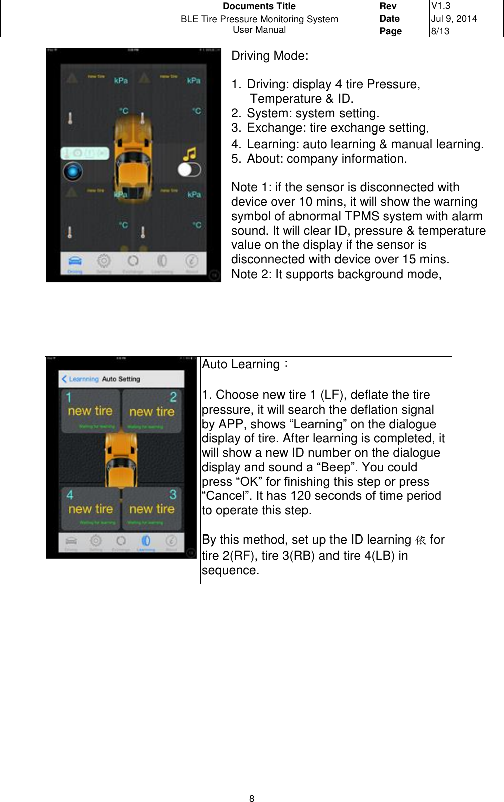  Documents Title Rev V1.3 BLE Tire Pressure Monitoring System User Manual Date Jul 9, 2014 Page 8/13  8  Driving Mode:  1. Driving: display 4 tire Pressure, Temperature &amp; ID. 2. System: system setting. 3. Exchange: tire exchange setting. 4. Learning: auto learning &amp; manual learning. 5. About: company information.  Note 1: if the sensor is disconnected with device over 10 mins, it will show the warning symbol of abnormal TPMS system with alarm sound. It will clear ID, pressure &amp; temperature value on the display if the sensor is disconnected with device over 15 mins.  Note 2: It supports background mode,        Auto Learning：  1. Choose new tire 1 (LF), deflate the tire pressure, it will search the deflation signal by APP, shows “Learning” on the dialogue display of tire. After learning is completed, it will show a new ID number on the dialogue display and sound a “Beep”. You could press “OK” for finishing this step or press “Cancel”. It has 120 seconds of time period to operate this step.  By this method, set up the ID learning 依for tire 2(RF), tire 3(RB) and tire 4(LB) in sequence. 