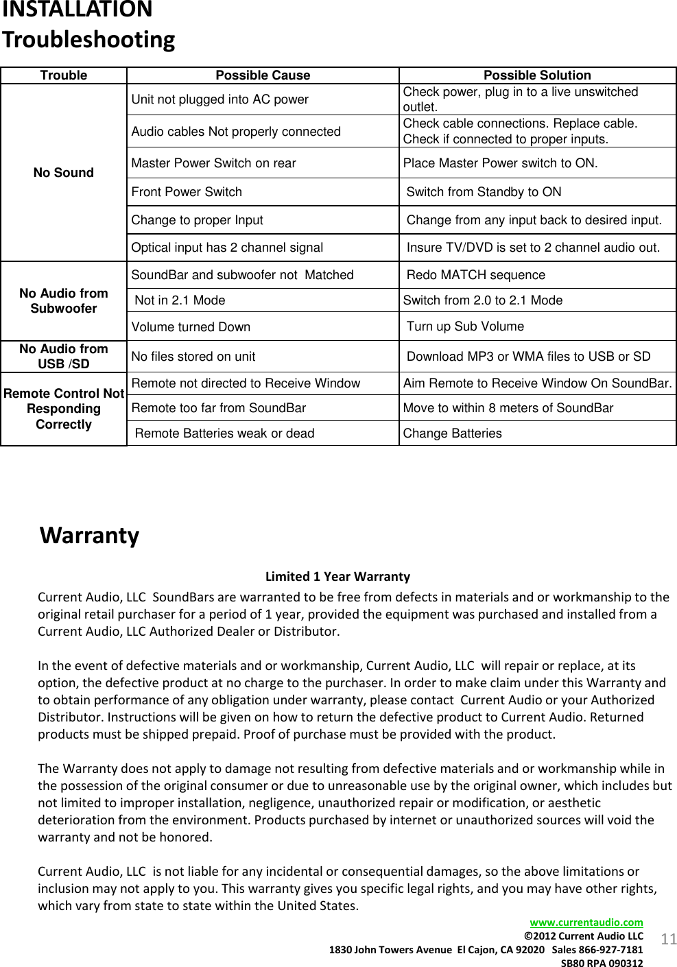 11Limited1YearWarrantyCurrentAudio,LLCSoundBars arewarrantedtobefreefromdefectsinmaterialsandorworkmanshiptotheoriginalretailpurchaserforaperiodof1year,providedtheequipmentwaspurchasedandinstalledfromaCurrentAudio,LLCAuthorizedDealerorDistributor.Intheeventofdefectivematerialsandorworkmanship,CurrentAudio,LLCwillrepairorreplace,atitsoption,thedefectiveproductatnochargetothepurchaser.InordertomakeclaimunderthisWarrantyandtoobtainperformanceofanyobligationunderwarranty,pleasecontactCurrentAudiooryourAuthorizedDistributor.InstructionswillbegivenonhowtoreturnthedefectiveproducttoCurrentAudio.Returnedproductsmustbeshippedprepaid.Proofofpurchasemustbeprovidedwiththeproduct.TheWarrantydoesnotapplytodamagenotresultingfromdefectivematerialsandorworkmanshipwhileinthepossessionoftheoriginalconsumerorduetounreasonableusebytheoriginalowner,whichincludesbutnotlimitedtoimproperinstallation,negligence,unauthorizedrepairormodification,oraestheticdeteriorationfromtheenvironment.Productspurchasedbyinternetorunauthorizedsourceswillvoidthewarrantyandnotbehonored.CurrentAudio,LLCisnotliableforanyincidentalorconsequentialdamages,sotheabovelimitationsorinclusionmaynotapplytoyou.Thiswarrantygivesyouspecificlegalrights,andyoumayhaveotherrights,whichvaryfromstatetostatewithintheUnitedStates.