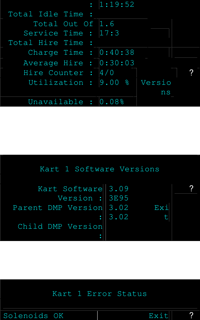 :  Total Idle Time : 1:19:52 Total Out Of Service Time : Total Hire Time : 1.6 17:3   Charge Time : 0:40:38   Average Hire : 0:30:03  Hire Counter : 4/0     Utilization : 9.00 % Versions Unavailable : 0.08%  ?       Kart 1 Software Versions  Kart Software Version : Parent DMP Version :  Child DMP Version : 3.09 3E95 3.02 3.02 Exit ?      Kart 1 Error Status  Solenoids OK Exit ? 