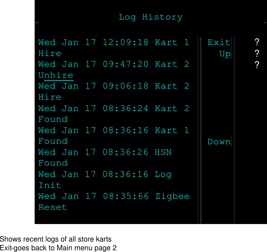      Log History  Exit ? Up ? Wed Jan 17 12:09:18 Kart 1 Hire Wed Jan 17 09:47:20 Kart 2 Unhire Wed Jan 17 09:06:18 Kart 2 Hire Wed Jan 17 08:36:24 Kart 2 Found Wed Jan 17 08:36:16 Kart 1 Found Wed Jan 17 08:36:26 HSN Found Wed Jan 17 08:36:16 Log Init Wed Jan 17 08:35:66 Zigbee Reset  Down ?  Shows recent logs of all store karts Exit-goes back to Main menu page 2         