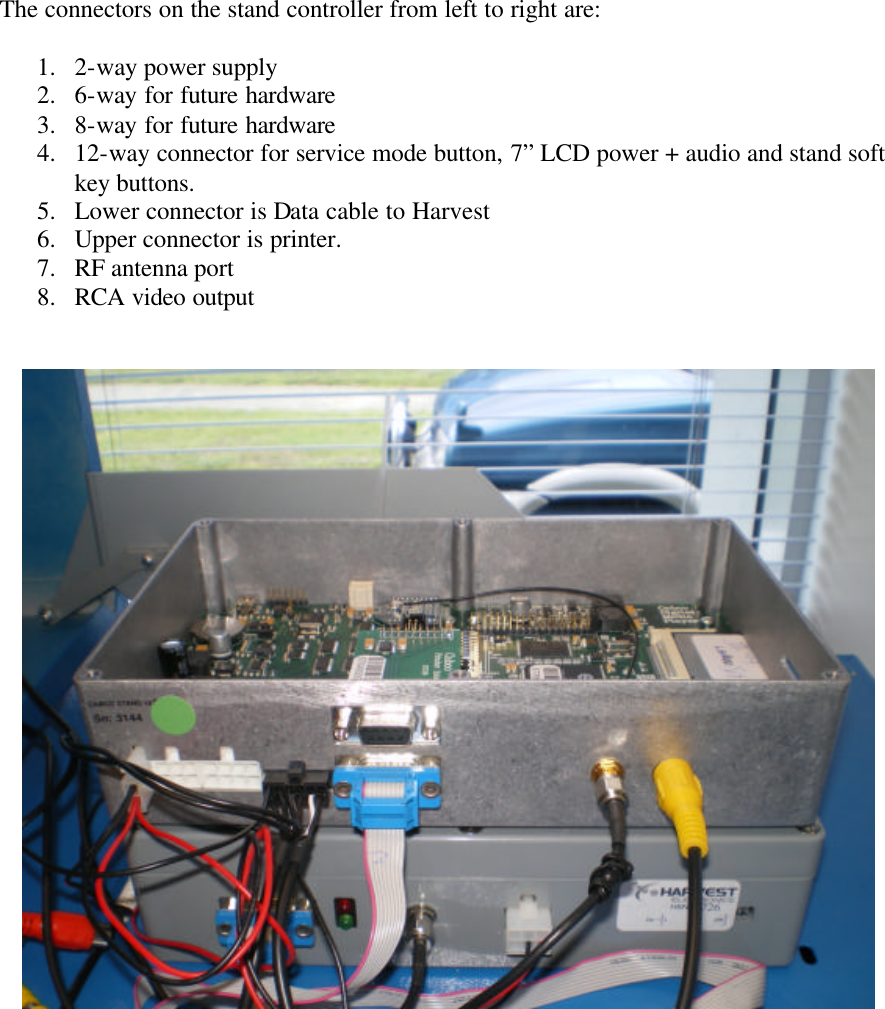         The connectors on the stand controller from left to right are:  1. 2-way power supply 2. 6-way for future hardware 3. 8-way for future hardware 4. 12-way connector for service mode button, 7” LCD power + audio and stand soft key buttons. 5. Lower connector is Data cable to Harvest 6. Upper connector is printer. 7. RF antenna port 8. RCA video output       