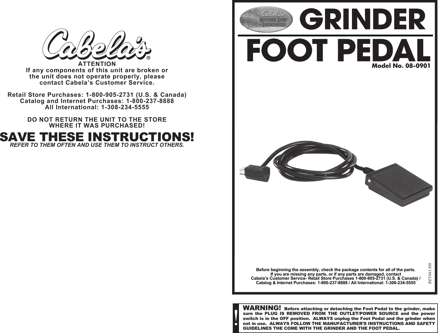 Page 1 of 2 - Cabelas Cabelas-Cabelas-Grinder-Foot-Pedal-08-0901-Users-Manual-  Cabelas-cabelas-grinder-foot-pedal-08-0901-users-manual