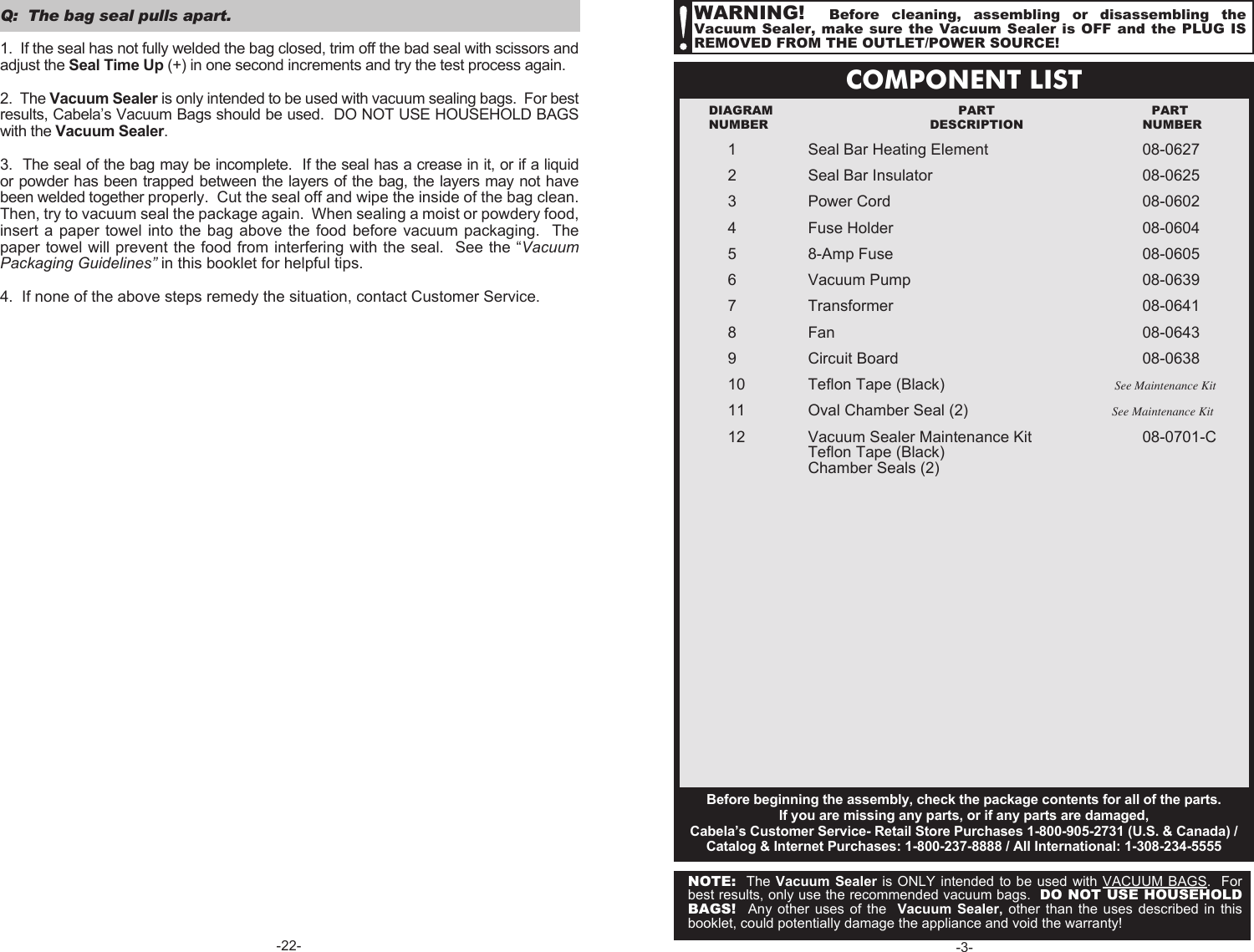 Page 3 of 12 - Cabelas Cabelas-Pro-Series-Vacuum-Sealer-08-0601-C-Users-Manual-  Cabelas-pro-series-vacuum-sealer-08-0601-c-users-manual