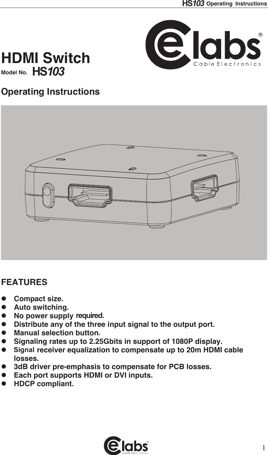 Page 1 of 7 - Cable-Electronics Cable-Electronics-E-Labs-Hs103-Users-Manual-  Cable-electronics-e-labs-hs103-users-manual