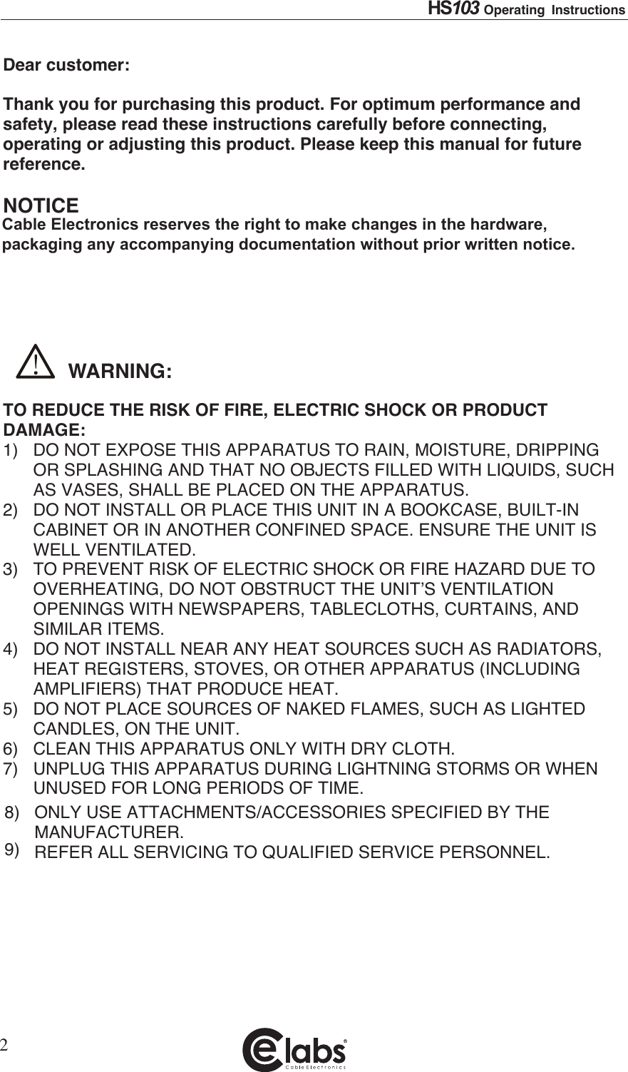 Page 2 of 7 - Cable-Electronics Cable-Electronics-E-Labs-Hs103-Users-Manual-  Cable-electronics-e-labs-hs103-users-manual