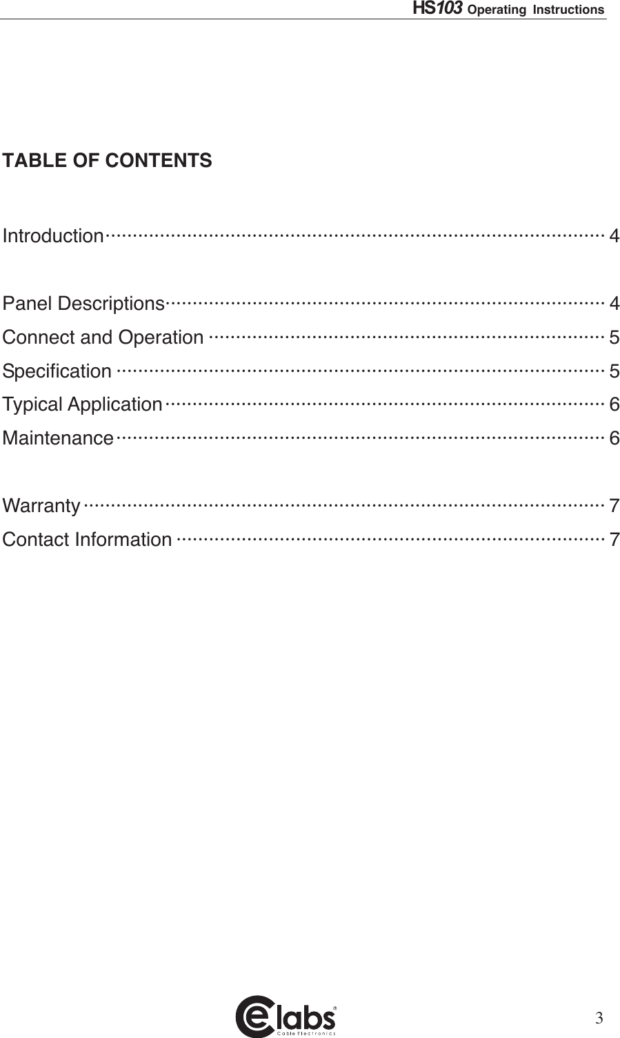 Page 3 of 7 - Cable-Electronics Cable-Electronics-E-Labs-Hs103-Users-Manual-  Cable-electronics-e-labs-hs103-users-manual