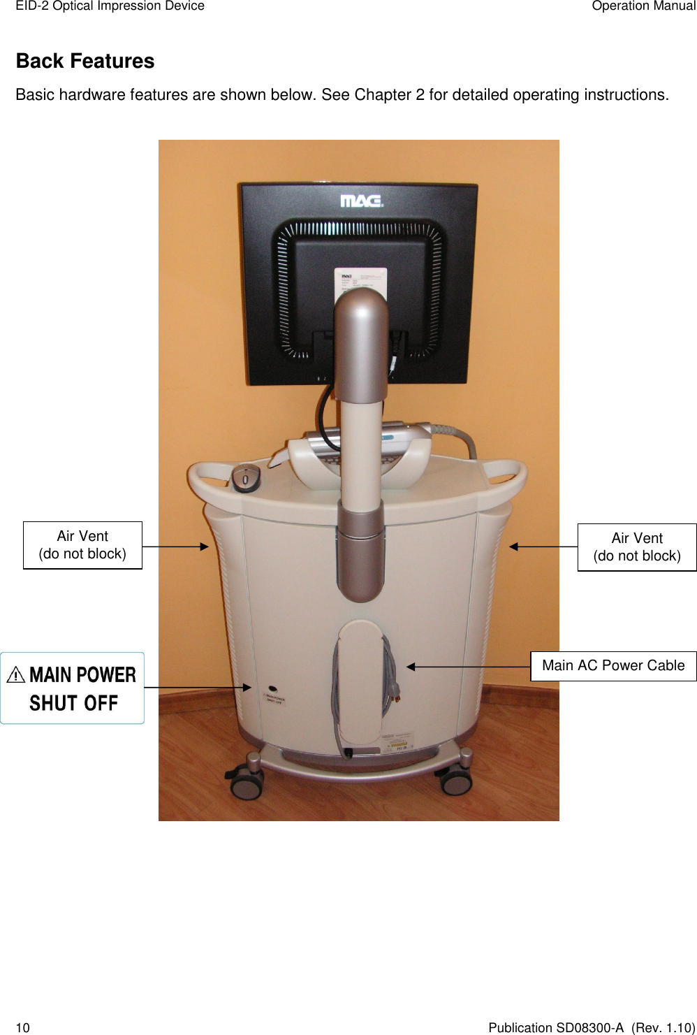 EID-2 Optical Impression Device  Operation Manual 10  Publication SD08300-A  (Rev. 1.10) Back Features Basic hardware features are shown below. See Chapter 2 for detailed operating instructions.      Main AC Power Cable Air Vent (do not block) Air Vent (do not block) 