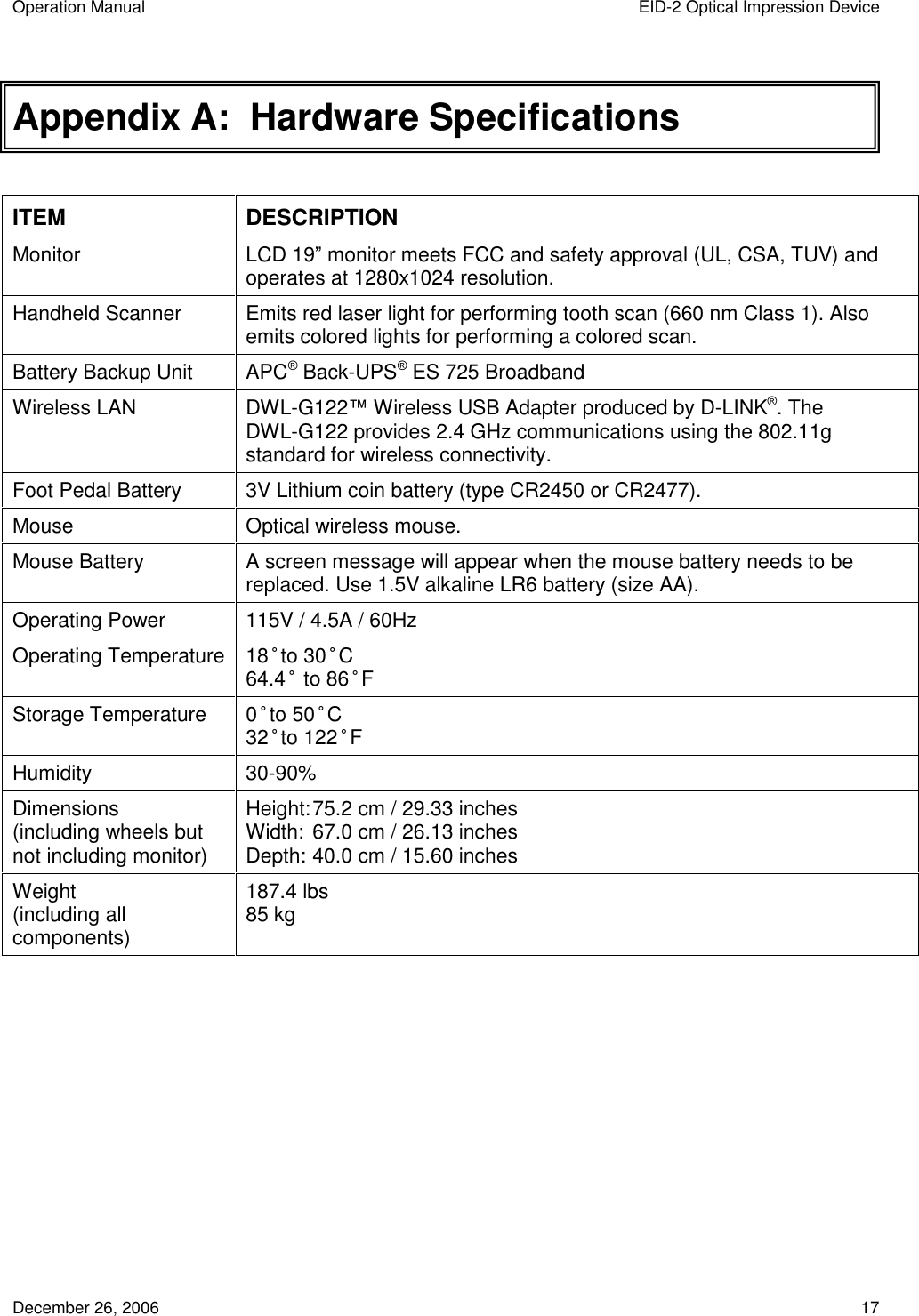 Operation Manual  EID-2 Optical Impression Device December 26, 2006  17 Appendix A:  Hardware Specifications  ITEM  DESCRIPTION Monitor  LCD 19” monitor meets FCC and safety approval (UL, CSA, TUV) and operates at 1280x1024 resolution. Handheld Scanner  Emits red laser light for performing tooth scan (660 nm Class 1). Also emits colored lights for performing a colored scan. Battery Backup Unit  APC® Back-UPS® ES 725 Broadband Wireless LAN  DWL-G122™ Wireless USB Adapter produced by D-LINK®. The DWL-G122 provides 2.4 GHz communications using the 802.11g standard for wireless connectivity. Foot Pedal Battery  3V Lithium coin battery (type CR2450 or CR2477). Mouse  Optical wireless mouse. Mouse Battery  A screen message will appear when the mouse battery needs to be replaced. Use 1.5V alkaline LR6 battery (size AA). Operating Power  115V / 4.5A / 60Hz Operating Temperature 18°to 30°C 64.4° to 86°F Storage Temperature  0°to 50°C 32°to 122°F Humidity  30-90% Dimensions (including wheels but not including monitor) Height: 75.2 cm / 29.33 inches Width: 67.0 cm / 26.13 inches Depth: 40.0 cm / 15.60 inches Weight (including all components) 187.4 lbs  85 kg    