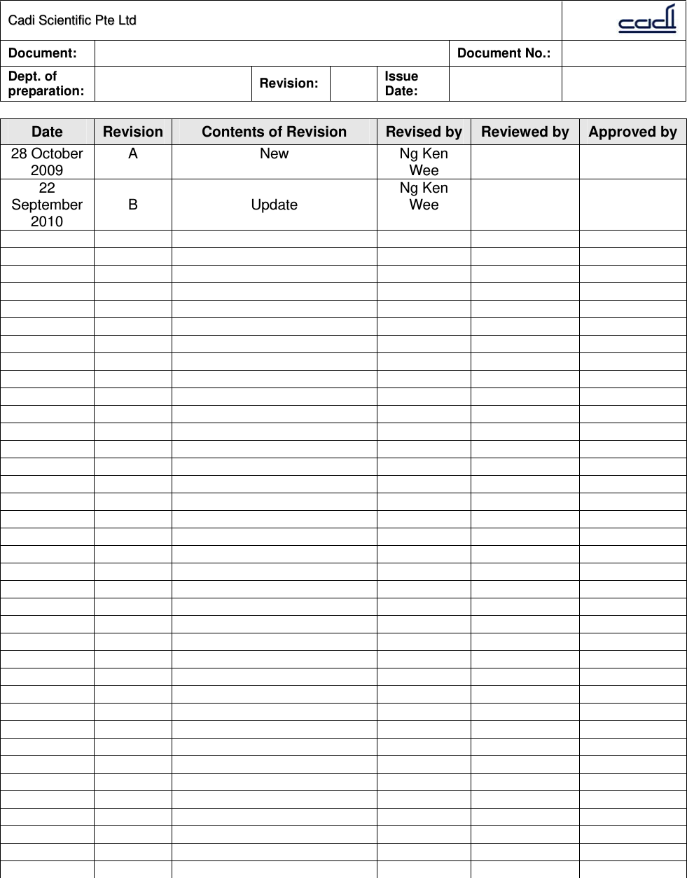 CCaaddii  SScciieennttiiffiicc  PPttee  LLttdd  Document:   Document No.:     Dept. of preparation:   Revision:  Issue Date:       Date  Revision  Contents of Revision  Revised by Reviewed by  Approved by28 October 2009  A New Ng Ken Wee    22 September 2010  B Update Ng Ken Wee                                                                                                                                                                                                                                                                                                           