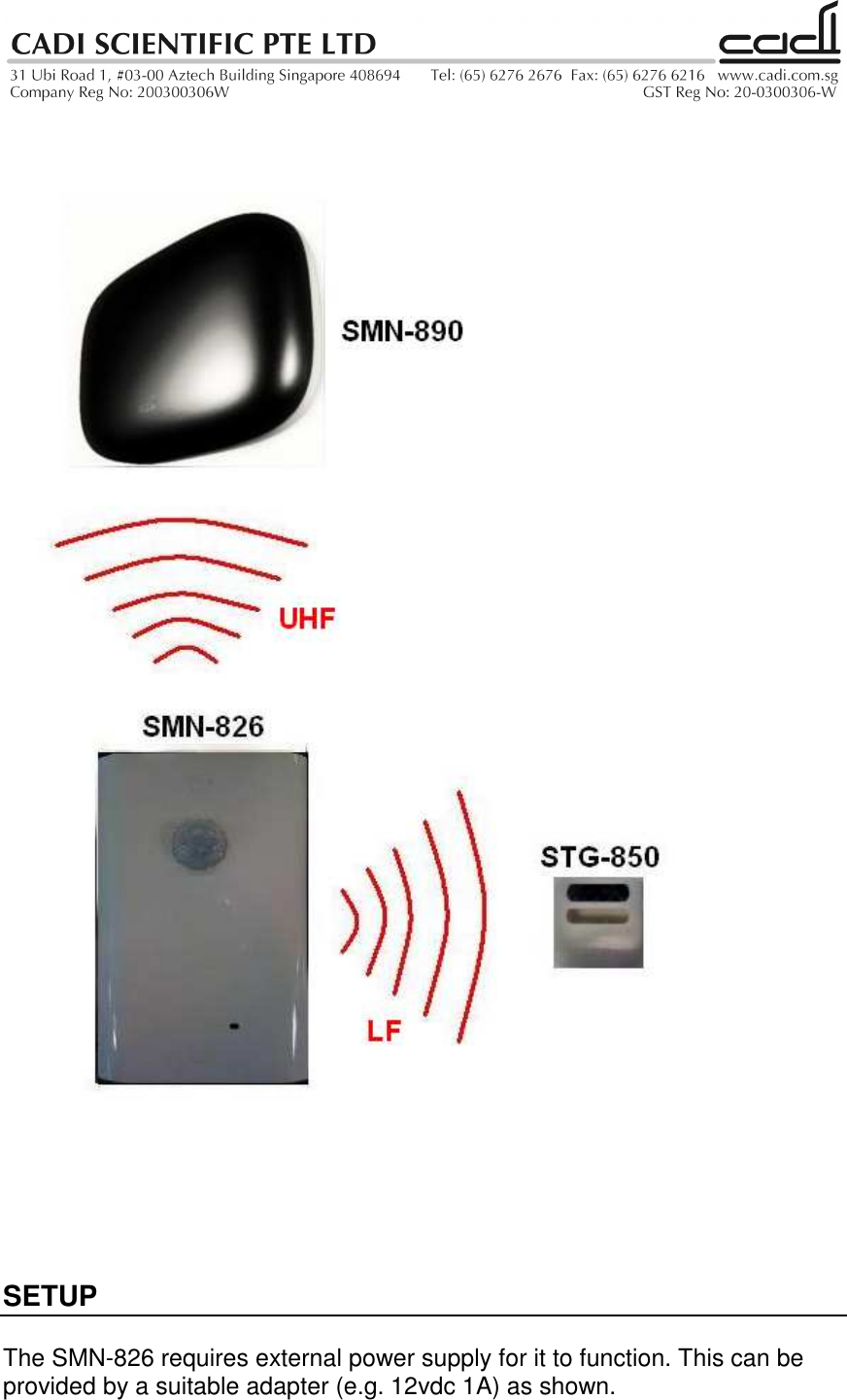     SETUP  The SMN-826 requires external power supply for it to function. This can be provided by a suitable adapter (e.g. 12vdc 1A) as shown.  