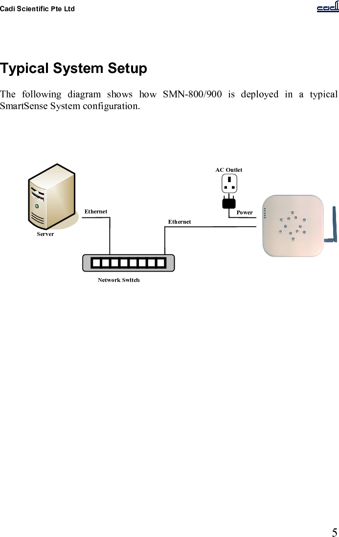 Cadi Scientific Pte Ltd      5     Typical System Setup  The  following  diagram  shows  how  SMN-800/900  is  deployed  in  a  typical SmartSense System configuration.          etwork Switch AC Outlet Server Power Ethernet Ethernet 