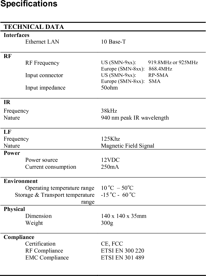    Specifications   TECHICAL DATA   Interfaces   Ethernet LAN  10 Base-T    RF     RF Frequency  US (SMN-9xx):         919.8MHz or 925MHz Europe (SMN-8xx):   868.4MHz   Input connector  US (SMN-9xx):         RP-SMA Europe (SMN-8xx):   SMA   Input impedance  50ohm    IR    Frequency  38kHz Nature  940 nm peak IR wavelength    LF    Frequency  125Khz Nature   Magnetic Field Signal Power     Power source  12VDC    Current consumption  250mA     Environment     Operating temperature range  10 oC  – 50oC Storage &amp; Transport temperature range -15 oC -  60 oC Physical     Dimension  140 x 140 x 35mm   Weight  300g    Compliance     Certification  CE, FCC   RF Compliance  ETSI EN 300 220   EMC Compliance  ETSI EN 301 489       