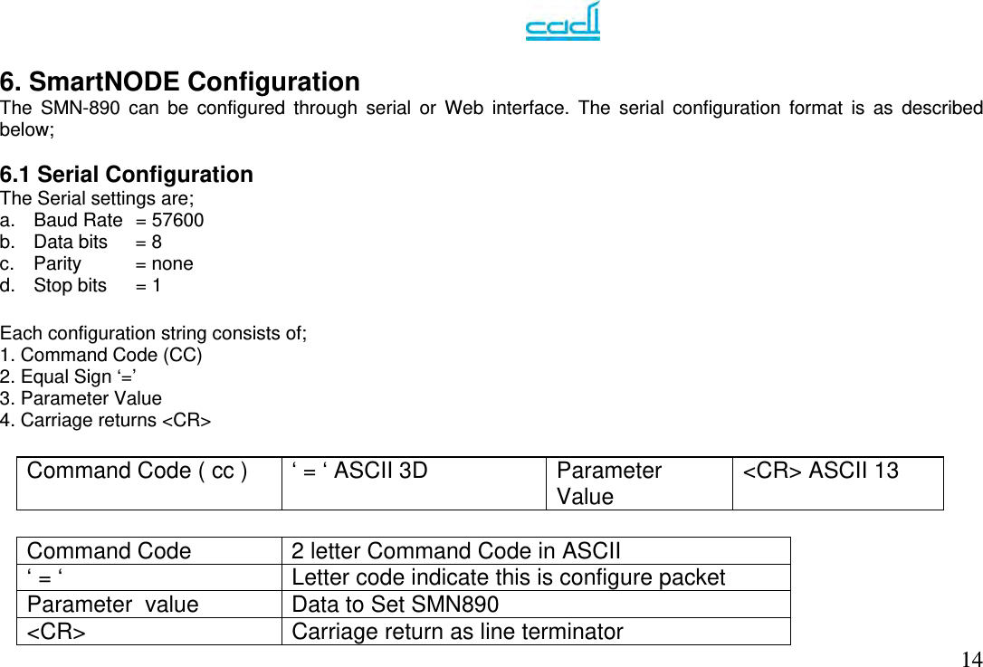    14 6. SmartNODE Configuration The SMN-890 can be configured through serial or Web interface. The serial configuration format is as described below;  6.1 Serial Configuration The Serial settings are; a.  Baud Rate  = 57600 b.  Data bits   = 8 c.  Parity   = none d.  Stop bits  = 1   Each configuration string consists of;  1. Command Code (CC) 2. Equal Sign ‘=’  3. Parameter Value  4. Carriage returns &lt;CR&gt;  Command Code ( cc )   ‘ = ‘ ASCII 3D  Parameter Value   &lt;CR&gt; ASCII 13  Command Code   2 letter Command Code in ASCII  ‘ = ‘   Letter code indicate this is configure packet Parameter  value   Data to Set SMN890 &lt;CR&gt;  Carriage return as line terminator 