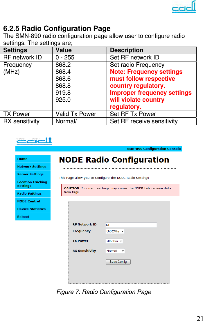   21  6.2.5 Radio Configuration Page  The SMN-890 radio configuration page allow user to configure radio settings. The settings are;  Settings  Value   Description RF network ID  0 - 255  Set RF network ID Frequency (MHz)  868.2 868.4 868.6 868.8 919.8 925.0 Set radio Frequency Note: Frequency settings must follow respective country regulatory. Improper frequency settings will violate country regulatory. TX Power  Valid Tx Power  Set RF Tx Power RX sensitivity  Normal/  Set RF receive sensitivity                              Figure 7: Radio Configuration Page    