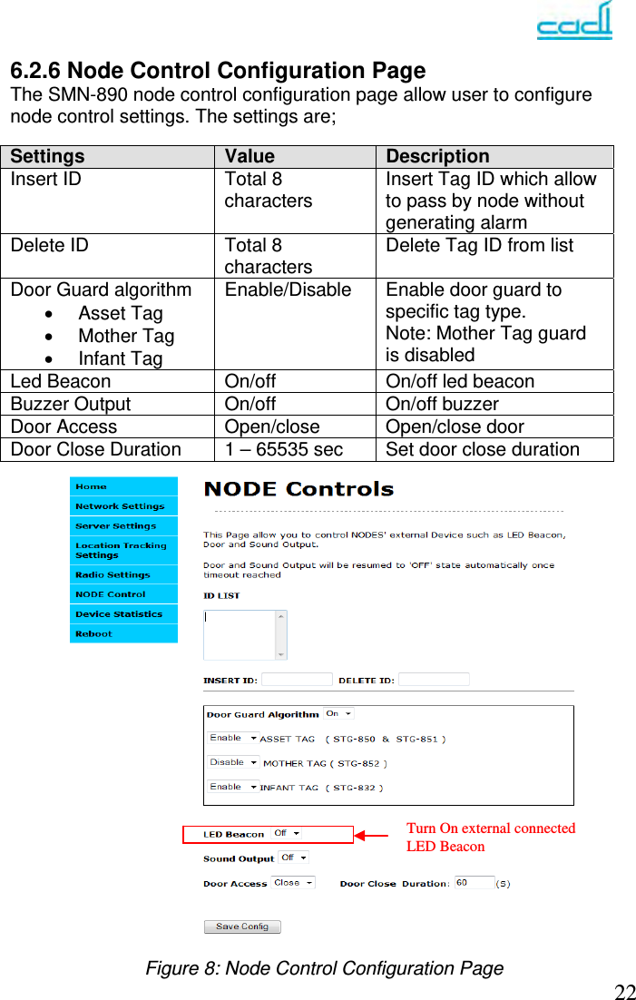   22 6.2.6 Node Control Configuration Page  The SMN-890 node control configuration page allow user to configure node control settings. The settings are;   Settings  Value   Description Insert ID  Total 8 characters  Insert Tag ID which allow to pass by node without generating alarm Delete ID  Total 8 characters  Delete Tag ID from list  Door Guard algorithm  Asset Tag  Mother Tag  Infant Tag Enable/Disable  Enable door guard to specific tag type. Note: Mother Tag guard is disabled Led Beacon  On/off  On/off led beacon Buzzer Output  On/off  On/off buzzer Door Access  Open/close  Open/close door Door Close Duration  1 – 65535 sec  Set door close duration                        Figure 8: Node Control Configuration Page Turn On external connected LED Beacon 