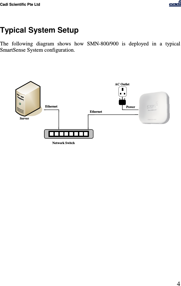 Cadi Scientific Pte Ltd      4    Typical System Setup  The  following  diagram  shows  how  SMN-800/900  is  deployed  in  a  typical SmartSense System configuration.                      Network Switch AC Outlet Server Power Ethernet Ethernet 