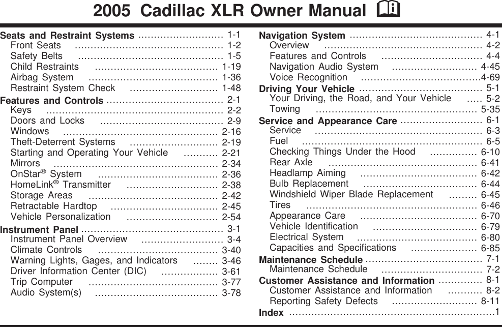 Cadillac 2005 Xlr Owners Manual Owner's