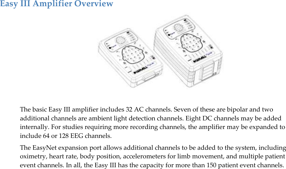   19  Easy III Amplifier Overview   The basic Easy III amplifier includes 32 AC channels. Seven of these are bipolar and two additional channels are ambient light detection channels. Eight DC channels may be added internally. For studies requiring more recording channels, the amplifier may be expanded to include 64 or 128 EEG channels.  The EasyNet expansion port allows additional channels to be added to the system, including oximetry, heart rate, body position, accelerometers for limb movement, and multiple patient event channels. In all, the Easy III has the capacity for more than 150 patient event channels.  