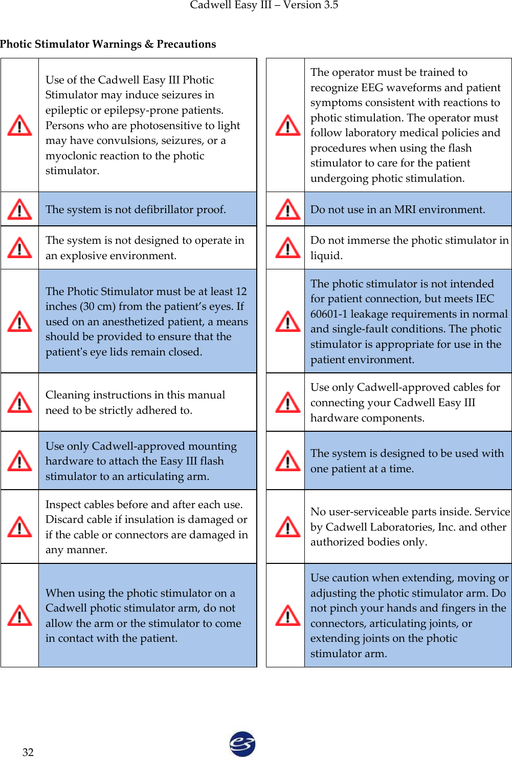 Cadwell Easy III – Version 3.5   32 Photic Stimulator Warnings &amp; Precautions  Use of the Cadwell Easy III Photic Stimulator may induce seizures in epileptic or epilepsy-prone patients. Persons who are photosensitive to light may have convulsions, seizures, or a myoclonic reaction to the photic stimulator.    The operator must be trained to recognize EEG waveforms and patient symptoms consistent with reactions to photic stimulation. The operator must follow laboratory medical policies and procedures when using the flash stimulator to care for the patient undergoing photic stimulation.   The system is not defibrillator proof.    Do not use in an MRI environment.   The system is not designed to operate in an explosive environment.   Do not immerse the photic stimulator in liquid.  The Photic Stimulator must be at least 12 inches (30 cm) from the patient’s eyes. If used on an anesthetized patient, a means should be provided to ensure that the patient&apos;s eye lids remain closed.   The photic stimulator is not intended for patient connection, but meets IEC 60601-1 leakage requirements in normal and single-fault conditions. The photic stimulator is appropriate for use in the patient environment.  Cleaning instructions in this manual need to be strictly adhered to.   Use only Cadwell-approved cables for connecting your Cadwell Easy III hardware components.  Use only Cadwell-approved mounting hardware to attach the Easy III flash stimulator to an articulating arm.   The system is designed to be used with one patient at a time.  Inspect cables before and after each use. Discard cable if insulation is damaged or if the cable or connectors are damaged in any manner.   No user-serviceable parts inside. Service by Cadwell Laboratories, Inc. and other authorized bodies only.  When using the photic stimulator on a Cadwell photic stimulator arm, do not allow the arm or the stimulator to come in contact with the patient.   Use caution when extending, moving or adjusting the photic stimulator arm. Do not pinch your hands and fingers in the connectors, articulating joints, or extending joints on the photic stimulator arm. 