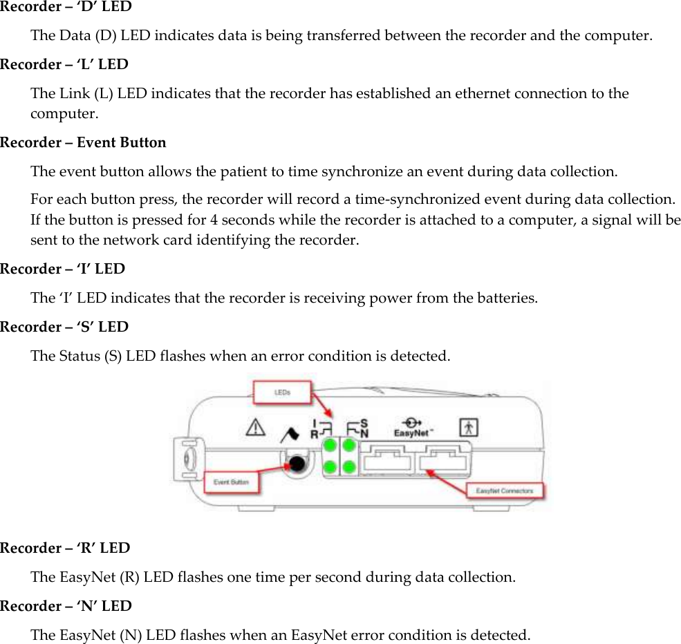   43  Recorder – ‘D’ LED The Data (D) LED indicates data is being transferred between the recorder and the computer. Recorder – ‘L’ LED The Link (L) LED indicates that the recorder has established an ethernet connection to the computer. Recorder – Event Button      The event button allows the patient to time synchronize an event during data collection. For each button press, the recorder will record a time-synchronized event during data collection.  If the button is pressed for 4 seconds while the recorder is attached to a computer, a signal will be sent to the network card identifying the recorder. Recorder – ‘I’ LED The ‘I’ LED indicates that the recorder is receiving power from the batteries. Recorder – ‘S’ LED The Status (S) LED flashes when an error condition is detected.  Recorder – ‘R’ LED The EasyNet (R) LED flashes one time per second during data collection.  Recorder – ‘N’ LED The EasyNet (N) LED flashes when an EasyNet error condition is detected.  