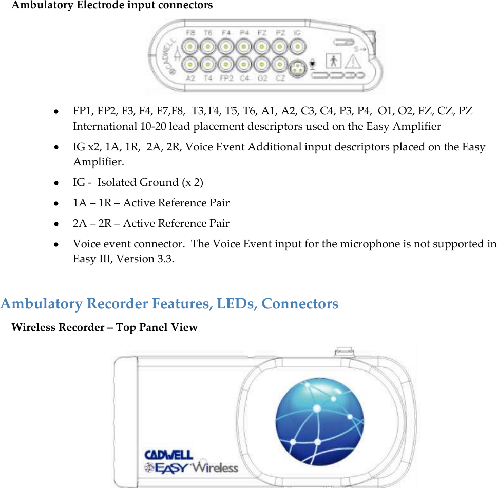   51  Ambulatory Electrode input connectors   FP1, FP2, F3, F4, F7,F8,  T3,T4, T5, T6, A1, A2, C3, C4, P3, P4,  O1, O2, FZ, CZ, PZ International 10-20 lead placement descriptors used on the Easy Amplifier  IG x2, 1A, 1R,  2A, 2R, Voice Event Additional input descriptors placed on the Easy Amplifier.  IG -  Isolated Ground (x 2)  1A – 1R – Active Reference Pair  2A – 2R – Active Reference Pair  Voice event connector.  The Voice Event input for the microphone is not supported in Easy III, Version 3.3.  Ambulatory Recorder Features, LEDs, Connectors Wireless Recorder – Top Panel View     