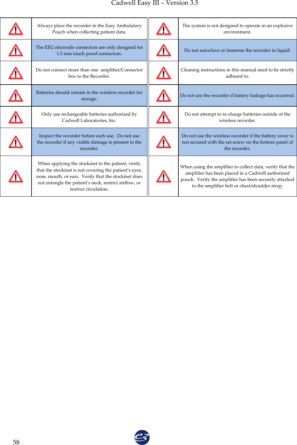 Cadwell Easy III – Version 3.5   58  Always place the recorder in the Easy Ambulatory Pouch when collecting patient data.   The system is not designed to operate in an explosive environment.  The EEG electrode connectors are only designed for 1.5 mm touch proof connectors.   Do not autoclave or immerse the recorder in liquid.  Do not connect more than one  amplifier/Connector box to the Recorder.   Cleaning instructions in this manual need to be strictly adhered to.  Batteries should remain in the wireless recorder for storage.   Do not use the recorder if battery leakage has occurred.  Only use rechargeable batteries authorized by Cadwell Laboratories, Inc.   Do not attempt to re-charge batteries outside of the wireless recorder.  Inspect the recorder before each use.  Do not use the recorder if any visible damage is present to the recorder.   Do not use the wireless recorder if the battery cover is not secured with the set screw on the bottom panel of the recorder.  When applying the stockinet to the patient, verify that the stockinet is not covering the patient’s eyes, nose, mouth, or ears.  Verify that the stockinet does not entangle the patient’s neck, restrict airflow, or restrict circulation.   When using the amplifier to collect data, verify that the amplifier has been placed in a Cadwell authorized pouch.  Verify the amplifier has been securely attached to the amplifier belt or chest/shoulder strap.  